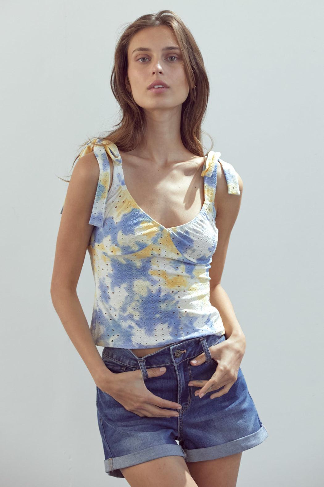 Tie Shoulder Bustier Style Cami Top Tie Dye Eyelet Product Image