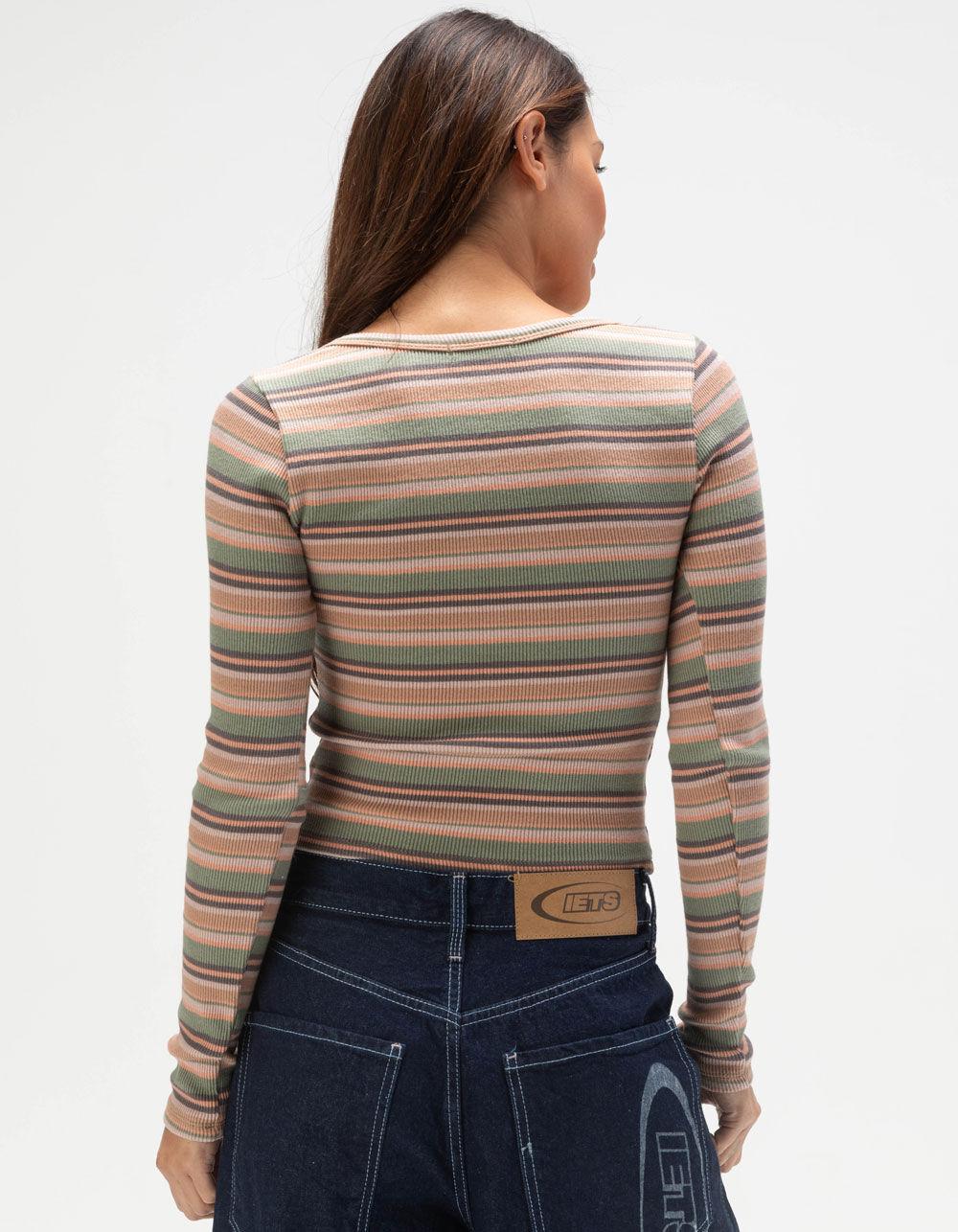 FULL TILT Notch Neck Stripe Womens Long Sleeve Rib Top - OLIVE Product Image