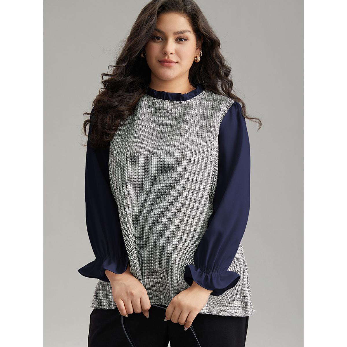 Plus Size Indigo Gingham Ruffles Patchwork Frill Trim Blouse Women Office Long Sleeve Stand-up collar Work Blouses BloomChic 26/4X Product Image