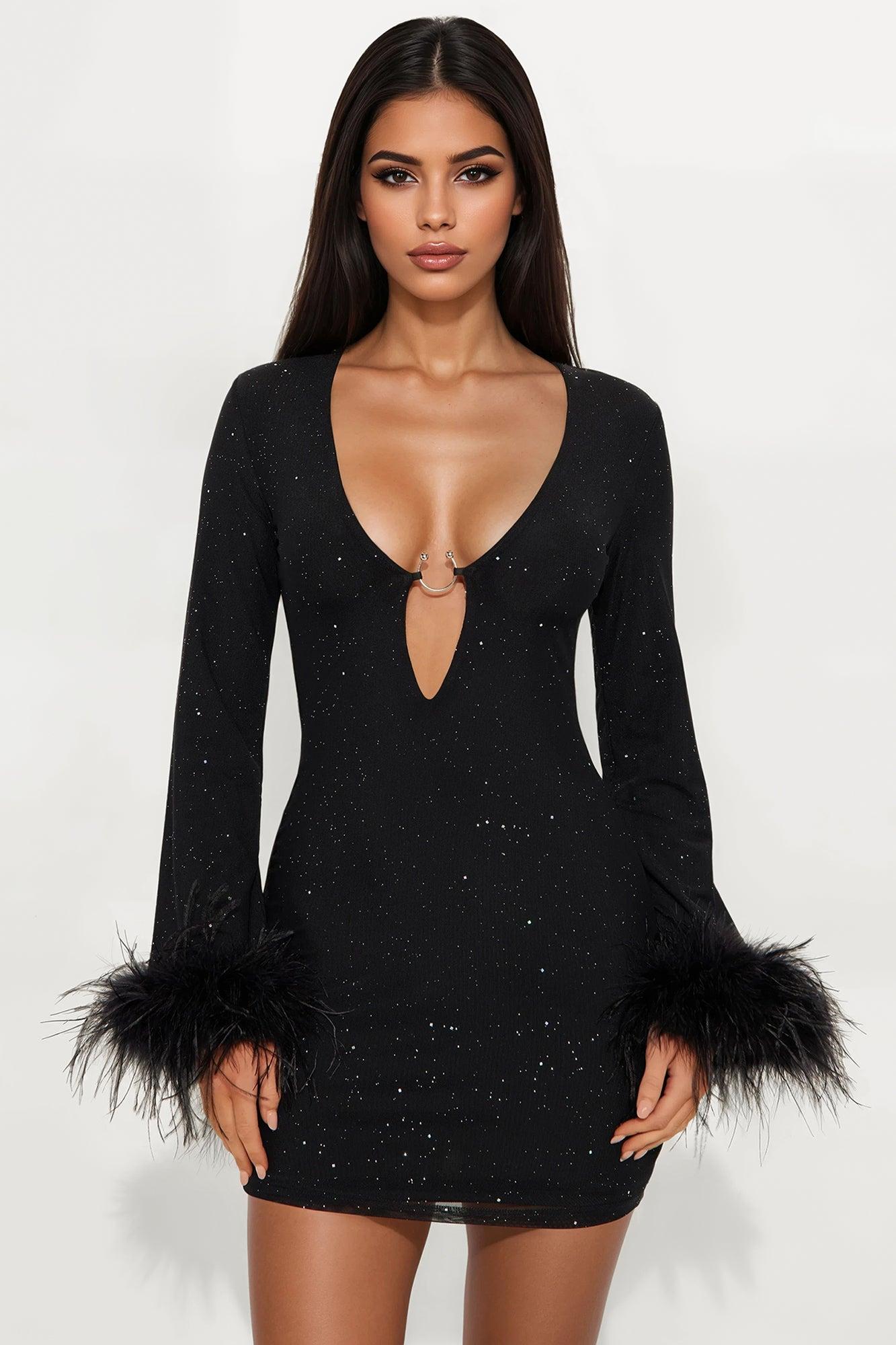 Gwen Feather Glitter Mesh Mini Dress - Black Female Product Image