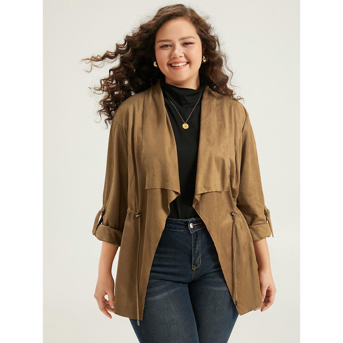 Plus Size Asymmetrical Neck Drawstring Tab Sleeve Coat Women Tan Casual Drawstring Ladies Everyday Winter Coats BloomChic 14-16/1X Product Image