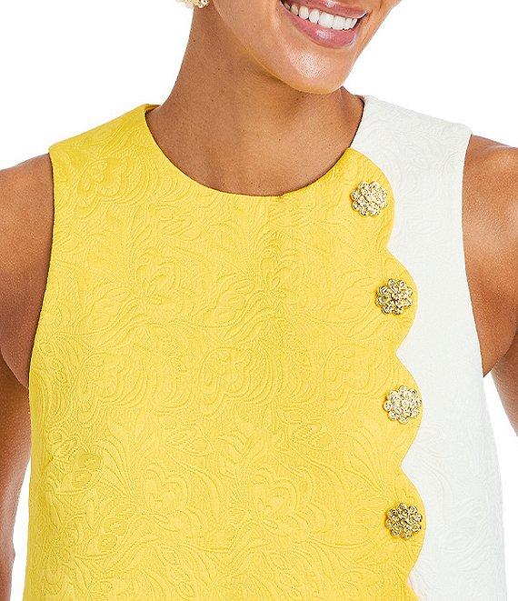 Mestiza New York Etta Floral Swirl Tonal Jacquard Color Block Side Scallop Button Trim Mini Shift Dress Product Image