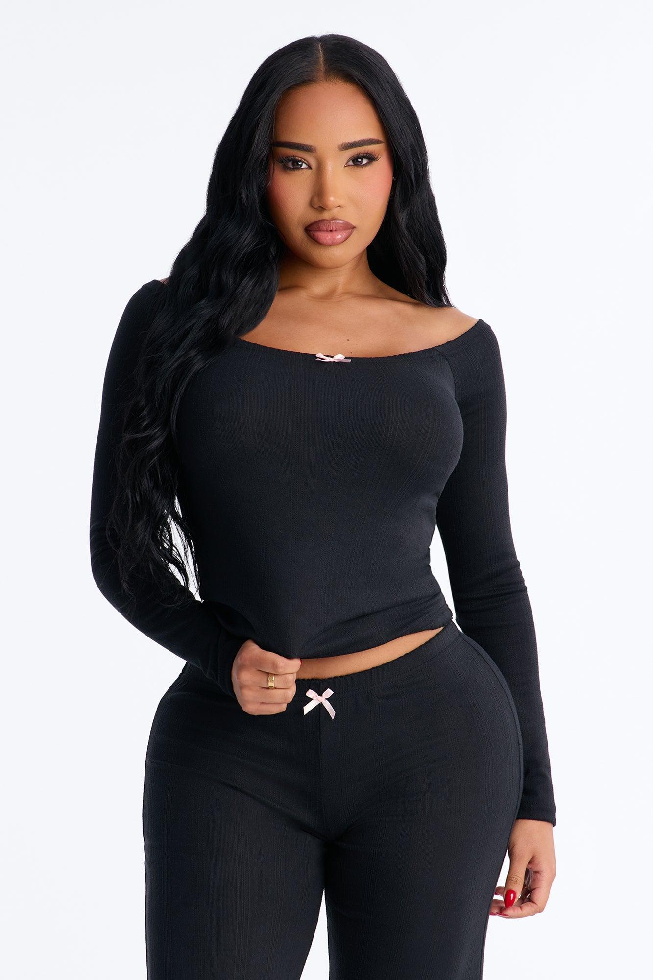 Romance Dreams Off Shoulder Pointelle PJ Pant Set - Black Female Product Image