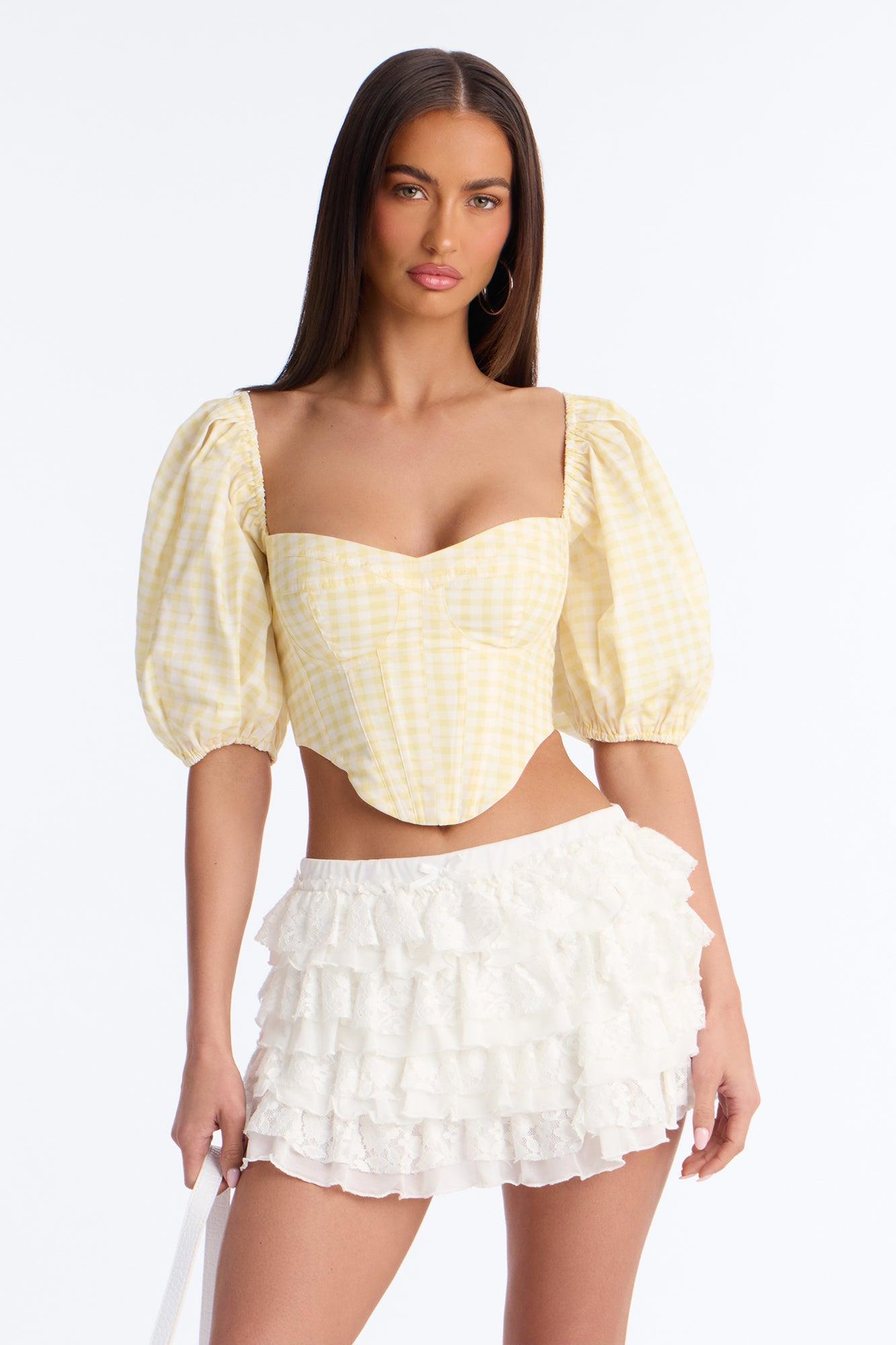 Sweet Like This Puff Sleeve Gingham Corset - Yellow/combo Female Product Image
