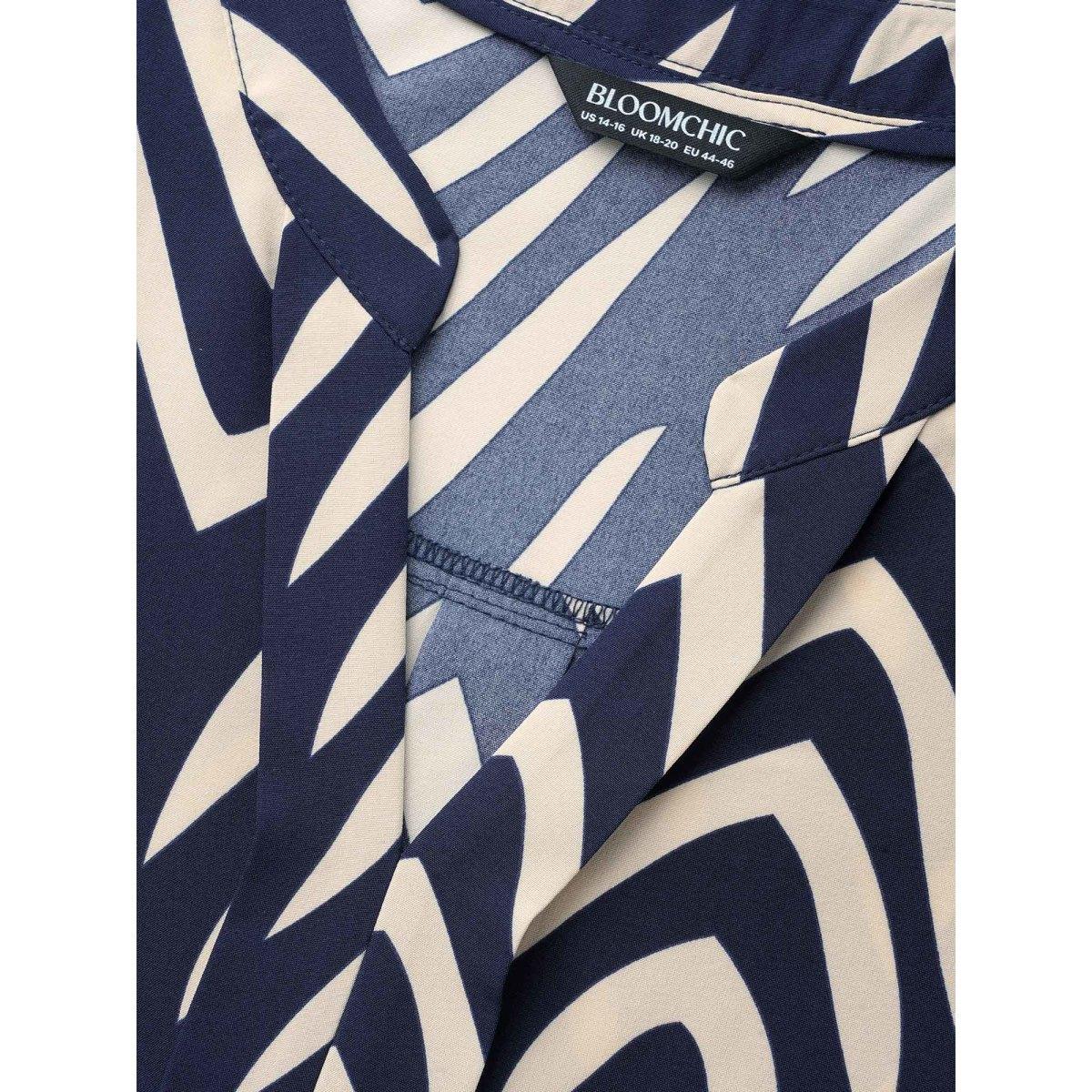 Plus Size Indigo Geometric Notched Pleated Slit Hem Blouse Women At the Office Extra Long Sleeve Notched collar Work Blouses BloomChic 30/6X Product Image