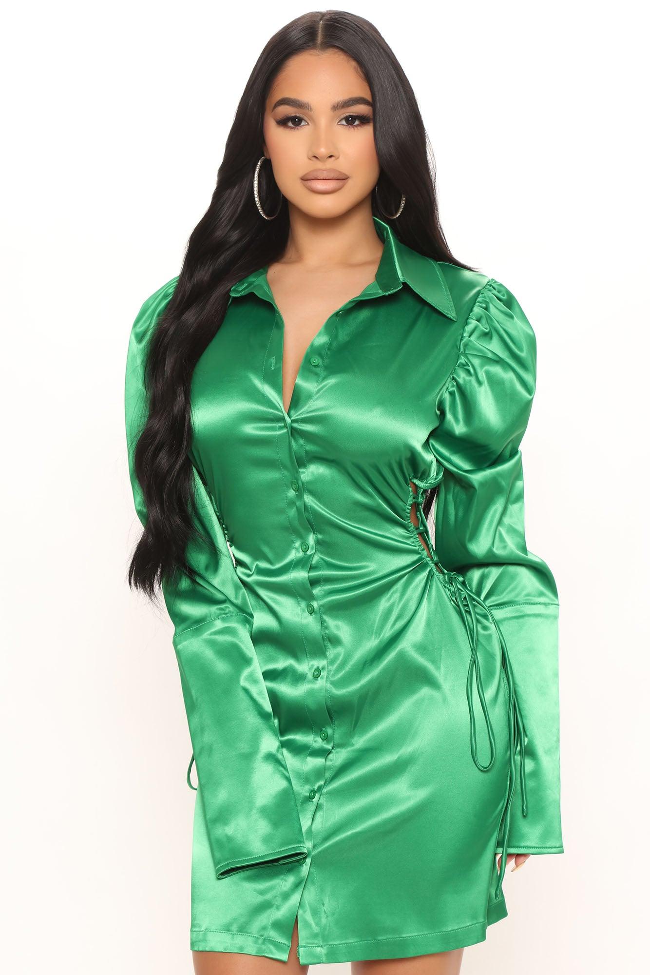 Feelin' Flirtatious Satin Shirt Dress - Green Product Image