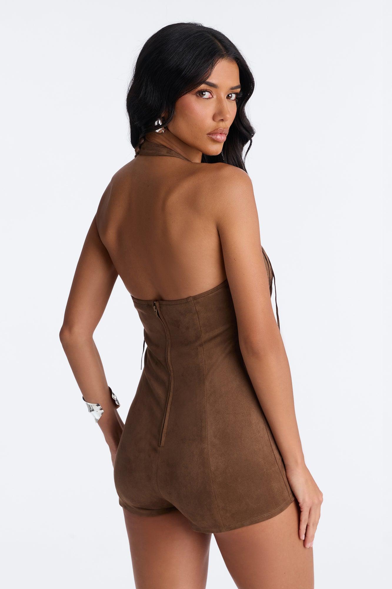 Greta Faux Suede Fringe Romper - Chocolate Female Product Image