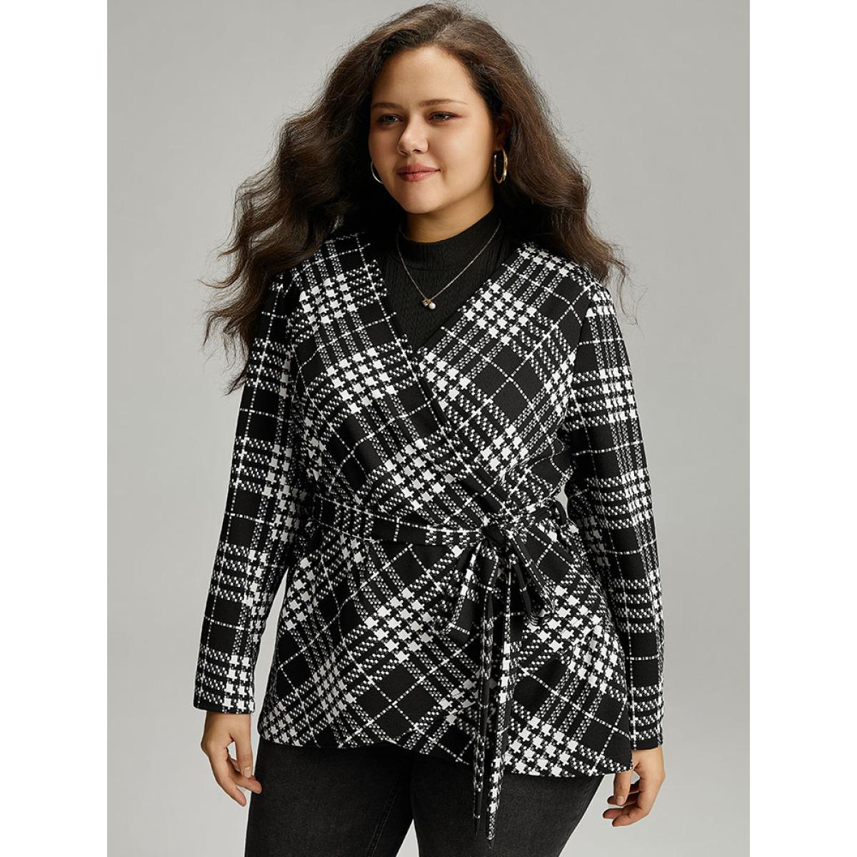 Plus Size Plaid Belted Asymmetrical Hem Coat Women Black Elegant Belted Ladies Dailywear Winter Coats BloomChic 18-20/2X Product Image