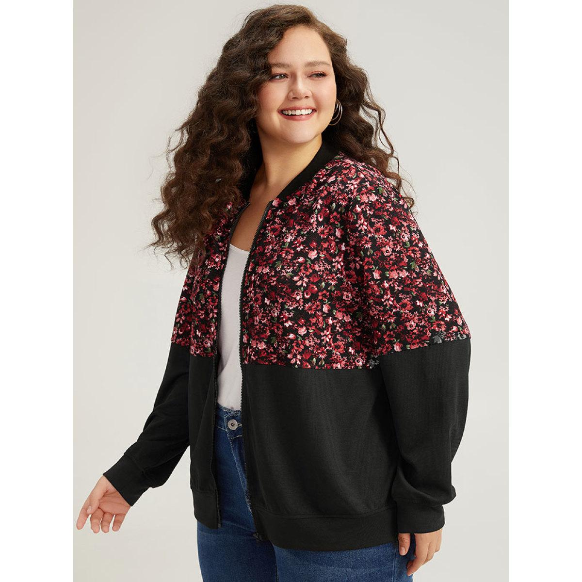 Plus Size Ditsy Floral Patchwork Zipper Elastic Cuffs Jacket Women Black Elastic cuffs Dailywear Jackets BloomChic 10/M Product Image