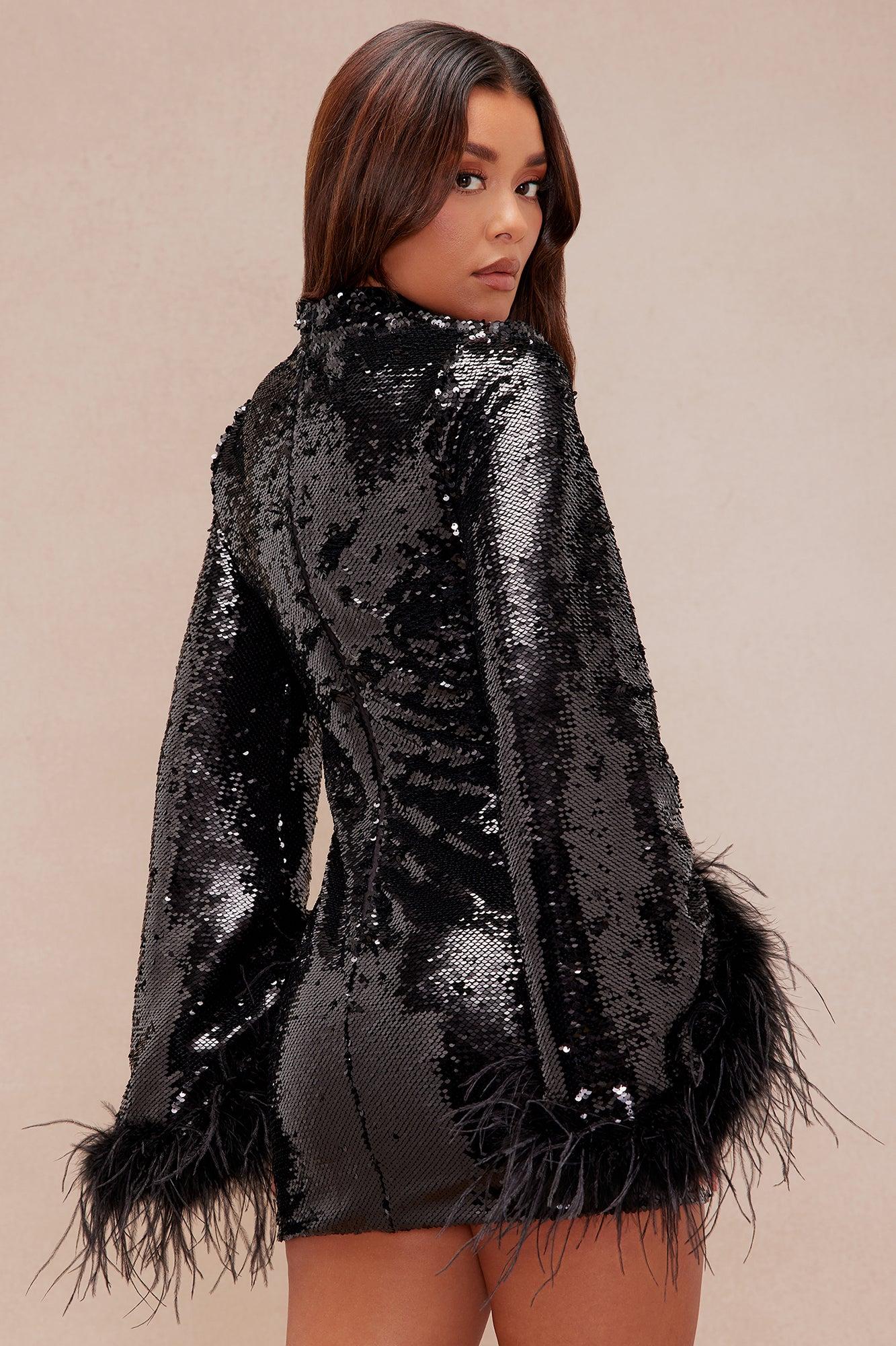 Robyn Sequin Feathered Long Sleeve Mini Dress - Black Female Product Image