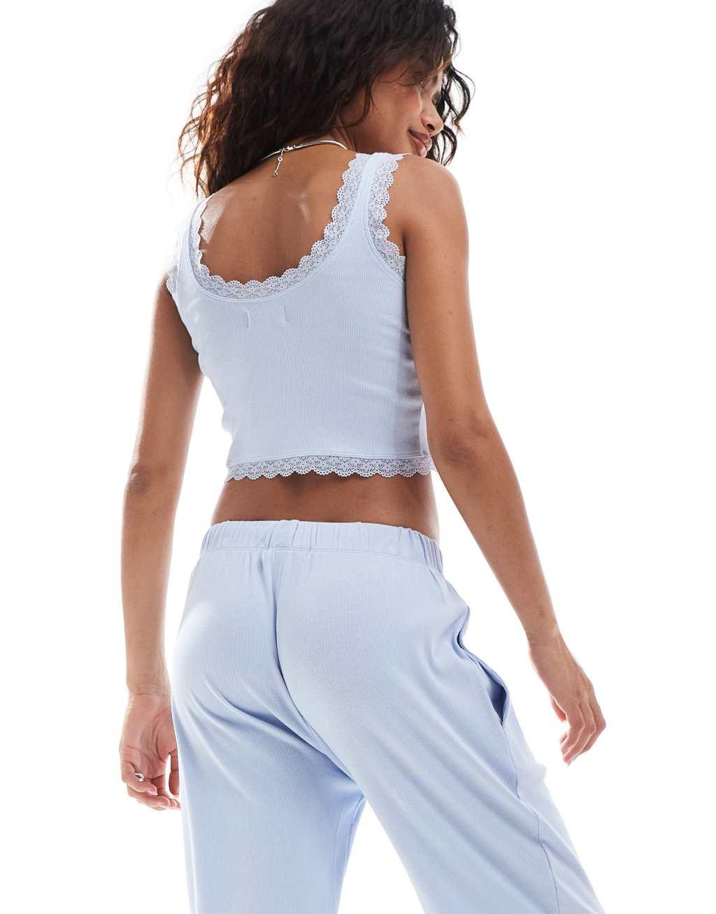 Brave Soul ribbed lace trim pajama set in light blue Product Image