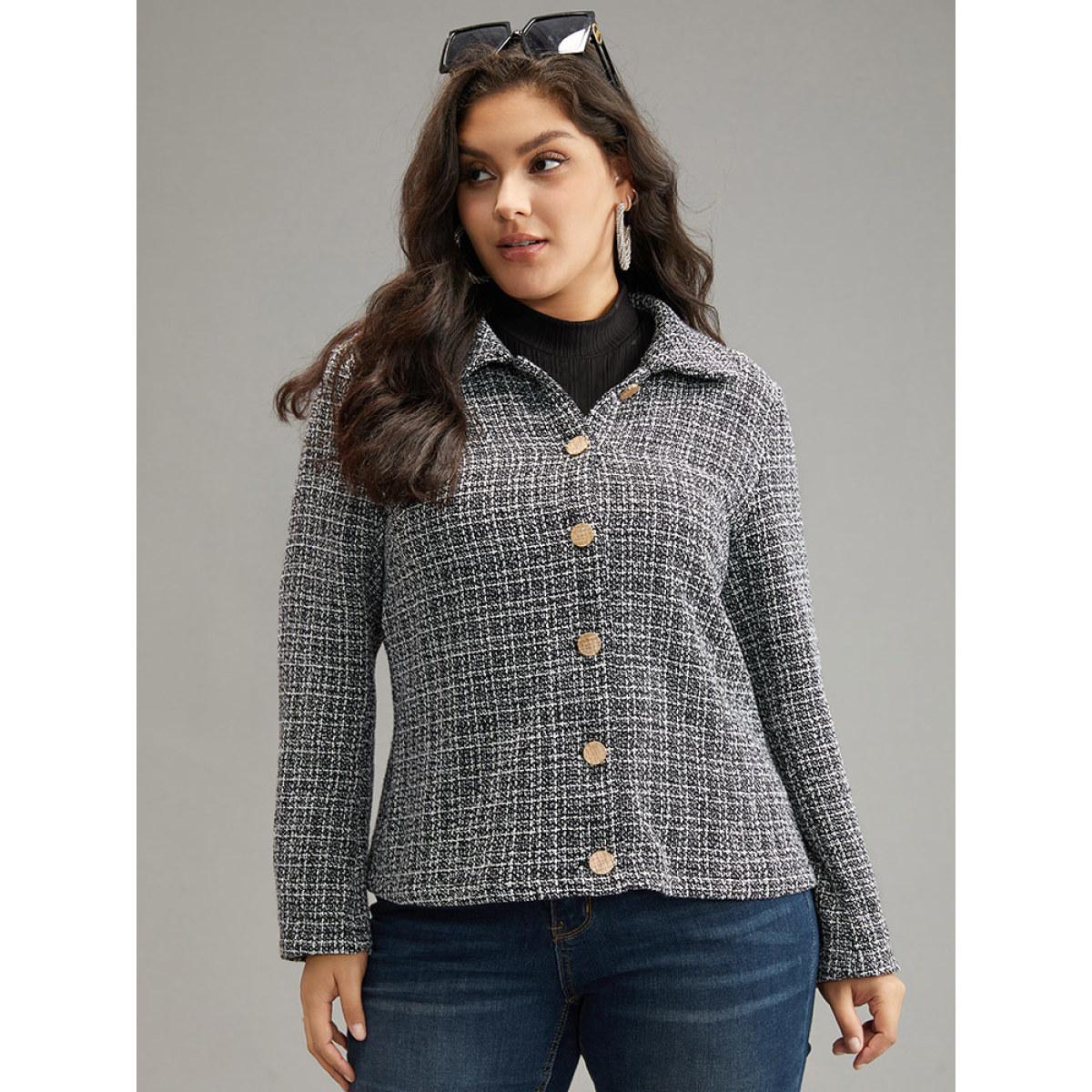 Plus Size Gingham Texture Lapel Collar Metal Detail Jacket Women Black Elegant Texture Ladies Everyday Winter Coats BloomChic 10/M Product Image