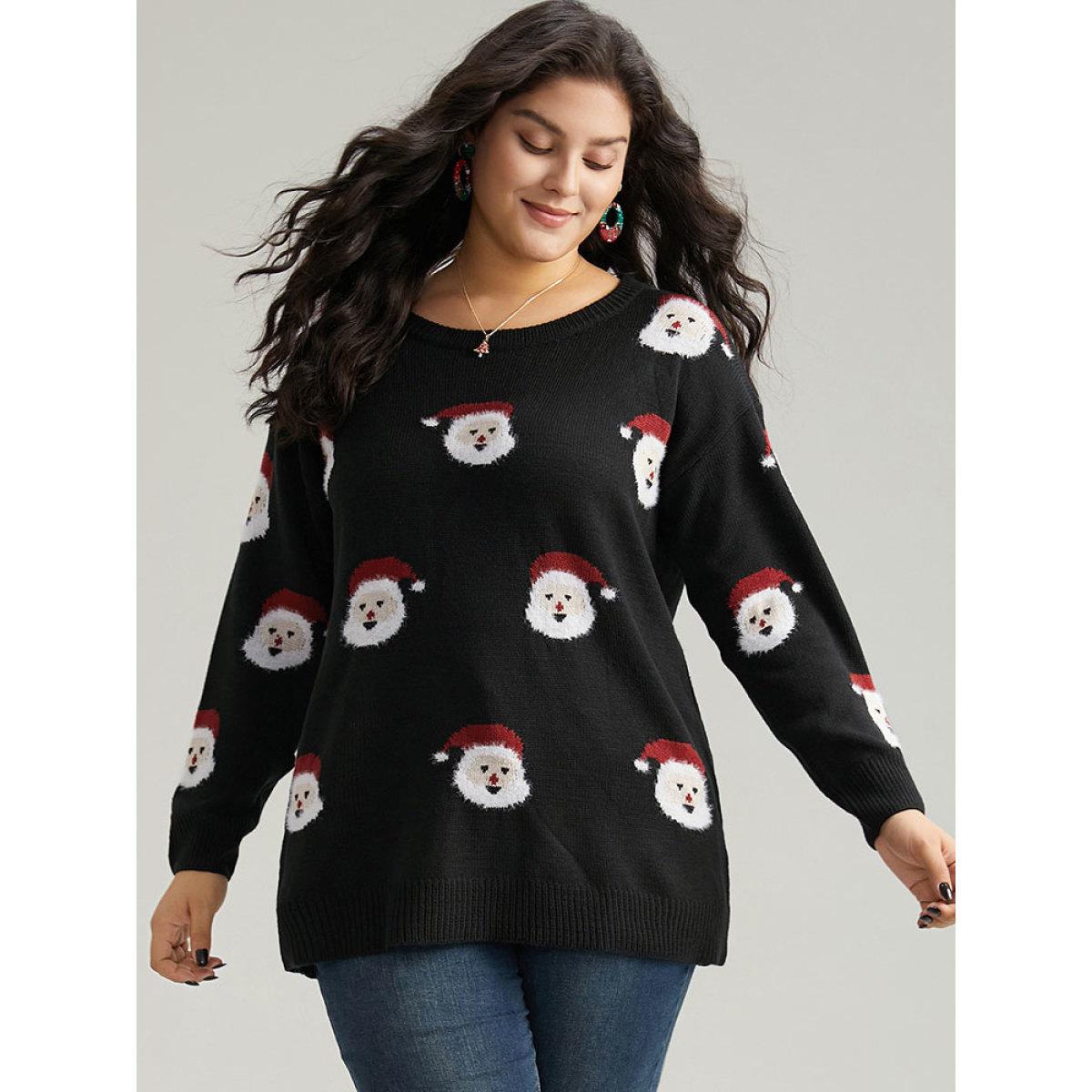 Plus Size Jolly Fellow Motifs Round Neck Pullover Black Women Casual Long Sleeve Round Neck Festival-Christmas Pullovers BloomChic 28/5X Product Image