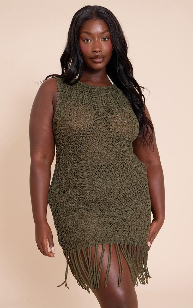 Plus Olive Crochet Boat Neck Tassle Mini Dress Product Image