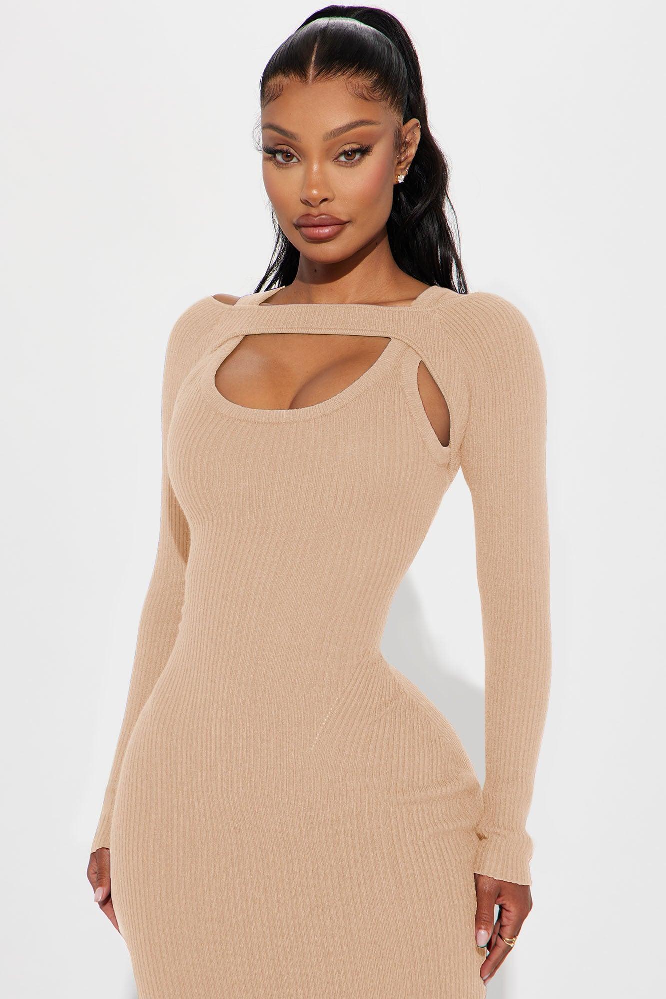 Cold Shoulder Sweater Midi Dress - Taupe Female Product Image