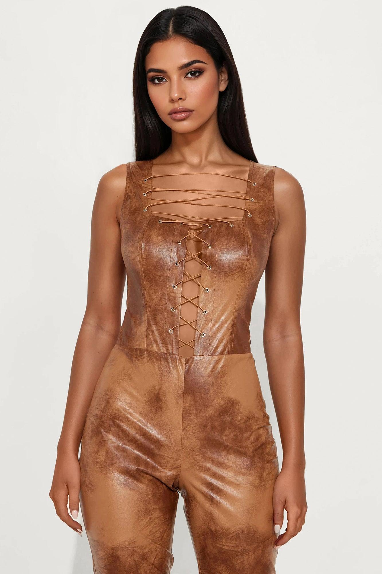 Klarissa Faux Leather Lace Up Jumpsuit - Brown Female Product Image