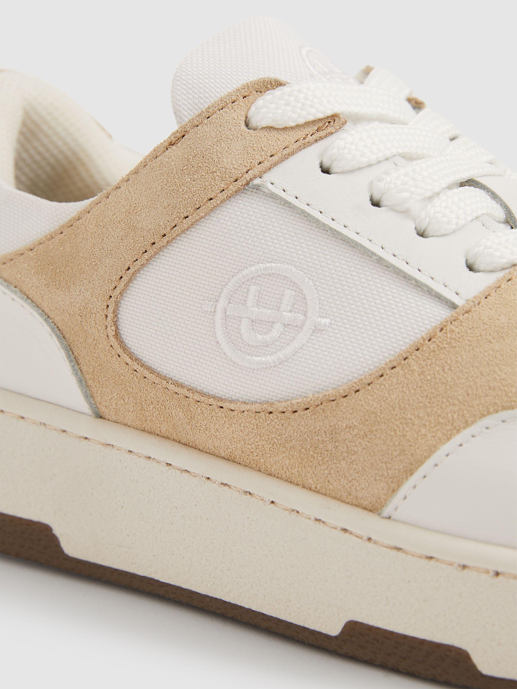 Unseen Leather Suede Panelled Trainers in White/Taupe Product Image
