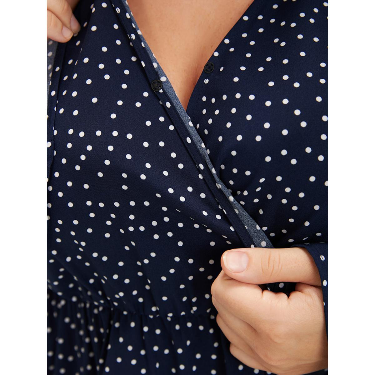 Plus Size DarkBlue Polka Dot Button Lantern Sleeve Ruffles Hem Wrap Blouse Women Elegant Long Sleeve V-neck Dailywear Blouses BloomChic 18-20/2X Product Image