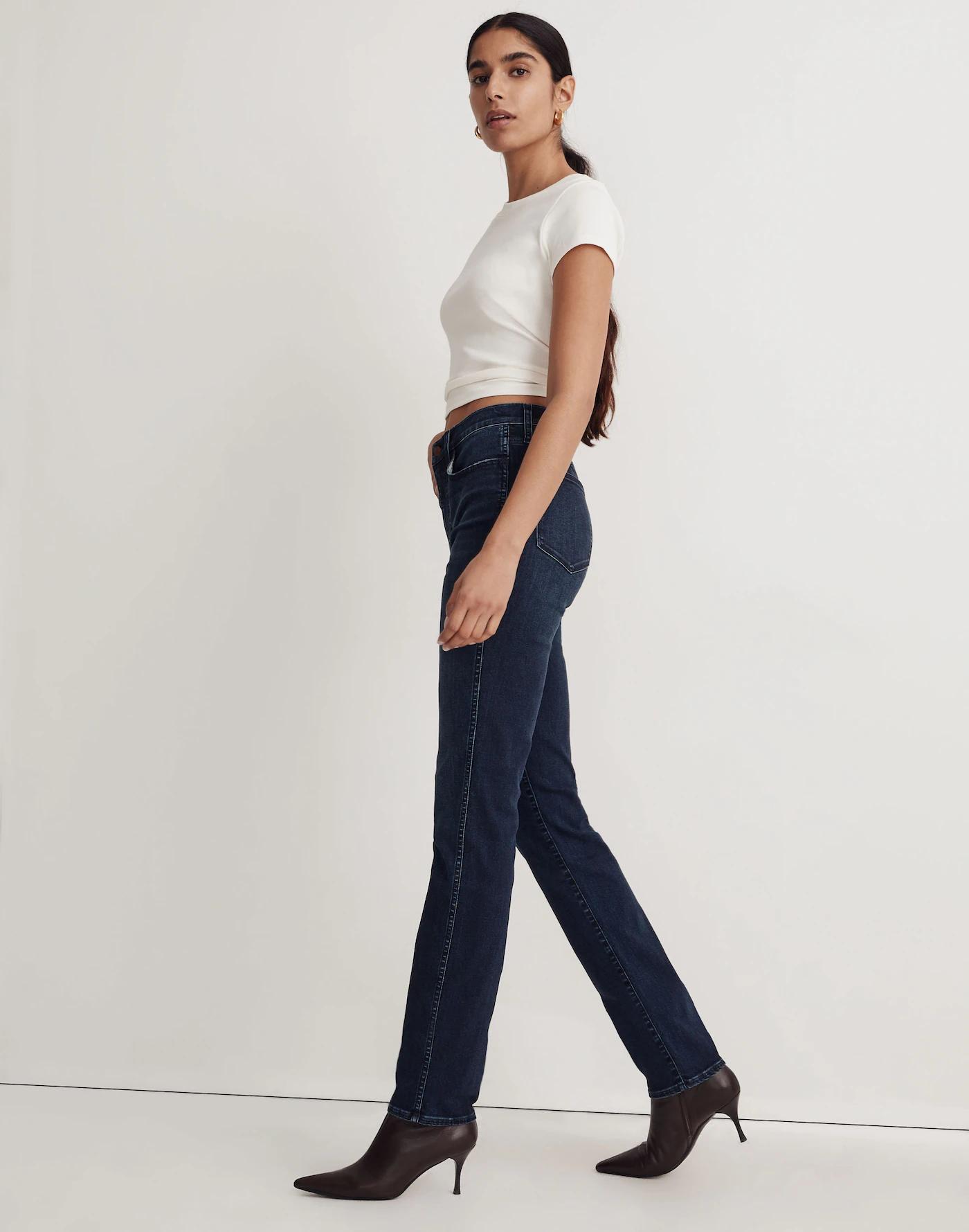 High-Rise Slim Straight Jeans in Larchley Wash: TENCEL™ Denim Edition Product Image