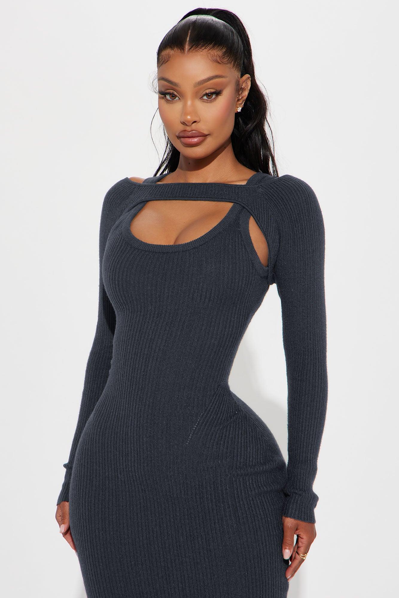 Cold Shoulder Sweater Midi Dress - Charcoal Female Product Image