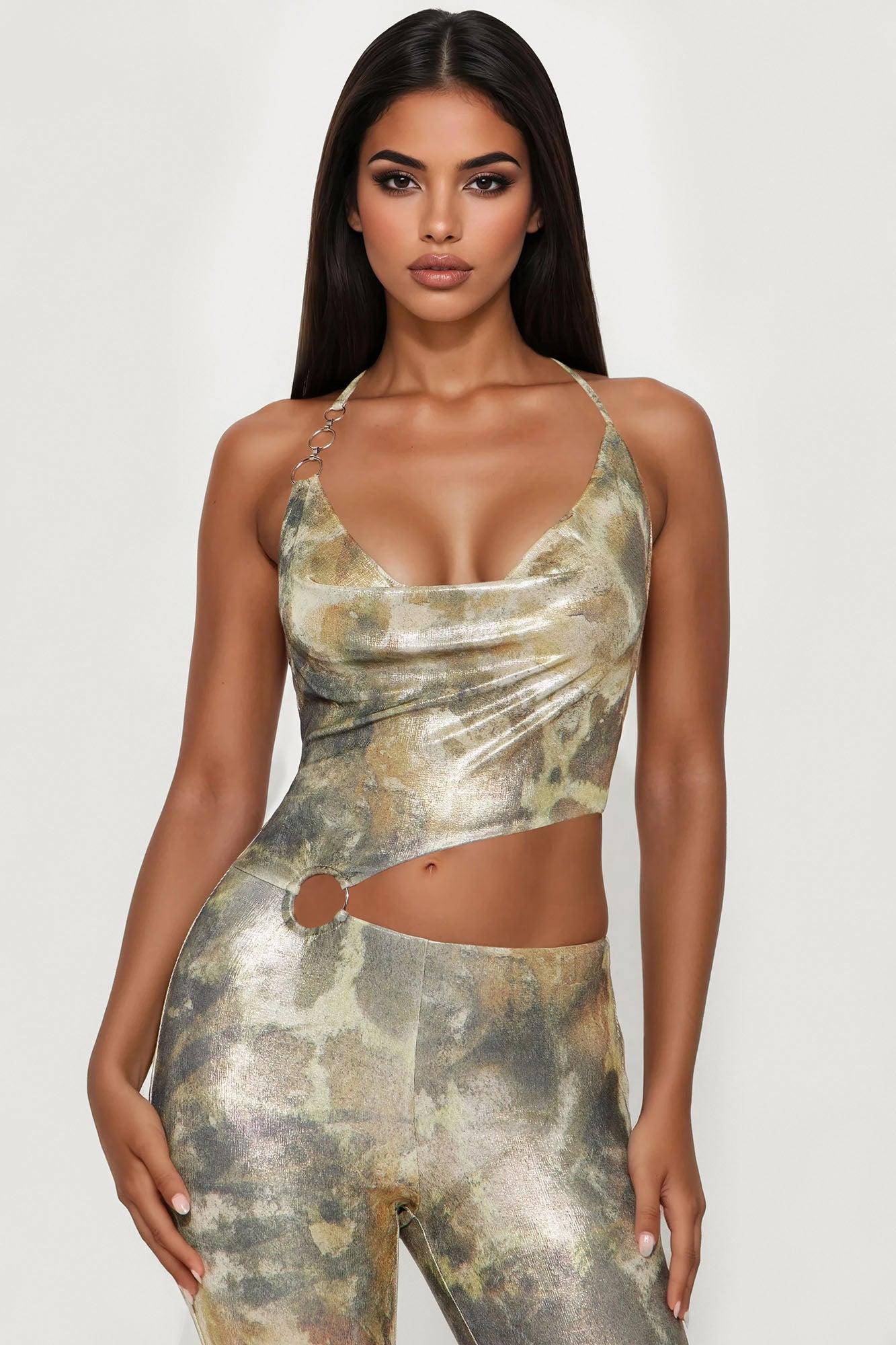 Allison Metallic Halter Jumpsuit - Olive/combo Female Product Image