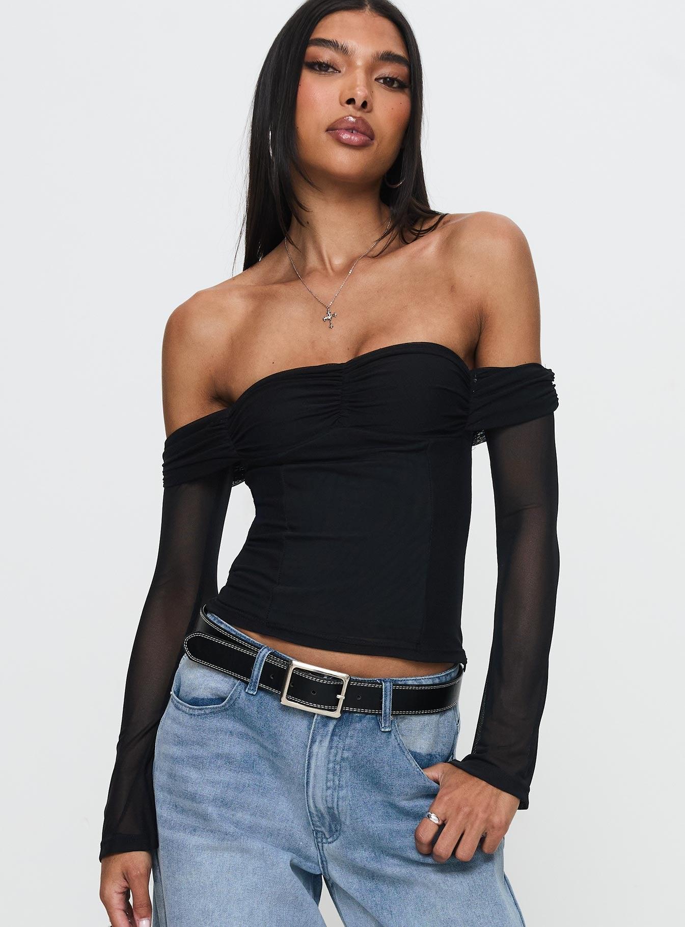 Saelan Off Shoulder Long Sleeve Top Black Product Image