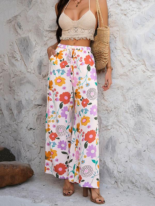 High Waisted Loose Contrast Color Drawstring Flower Print Pockets Pants Trousers Product Image