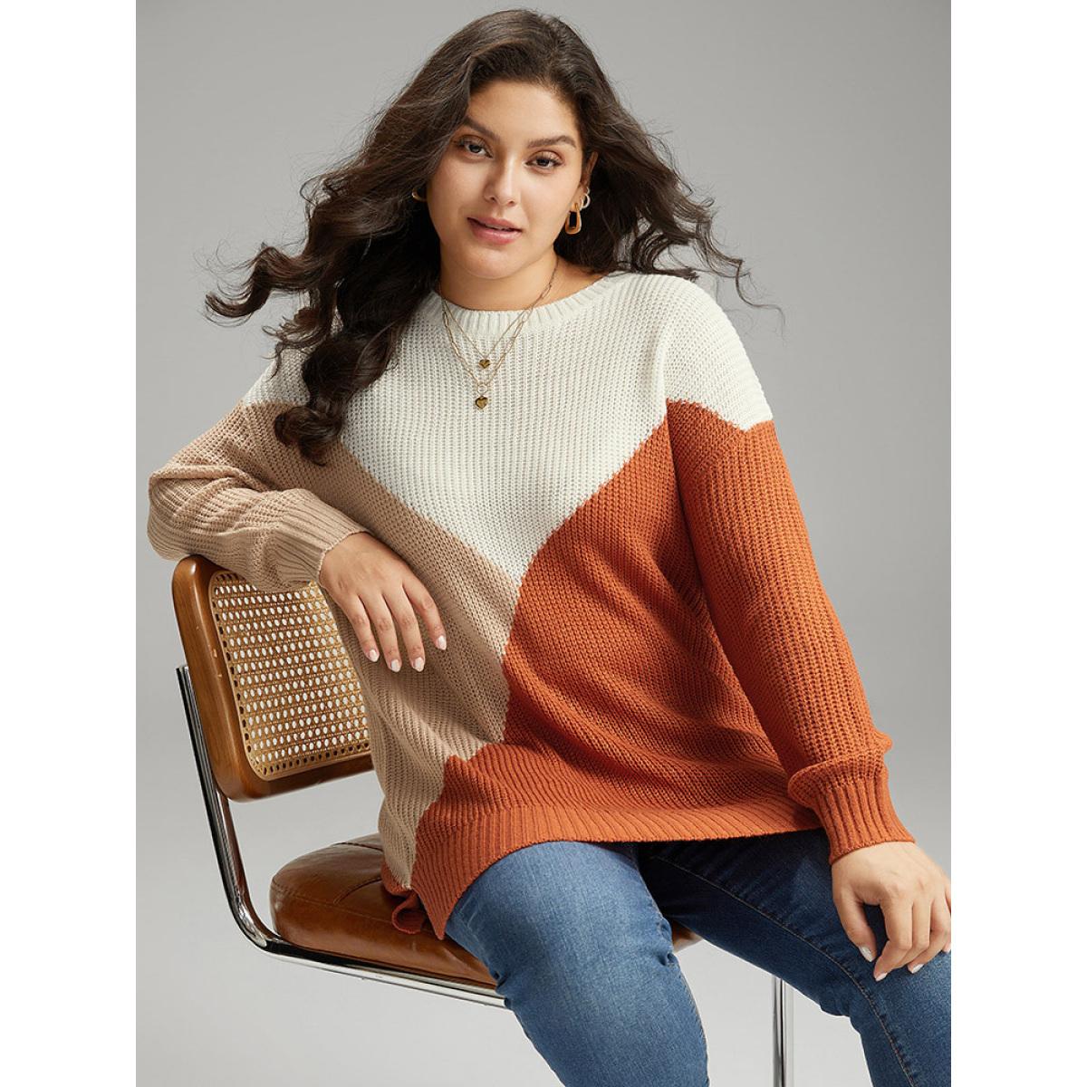 Plus Size Colorblock Split Side Drop Shoulder Pullover Multicolor Women Casual Loose Long Sleeve Round Neck Dailywear Pullovers BloomChic 30/6X Product Image