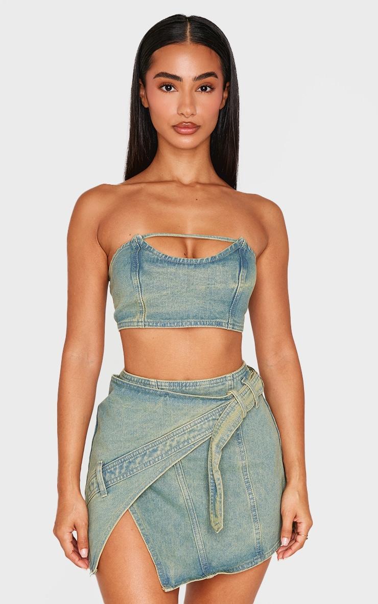 Petite Vintage Wash Denim Wrap Over Mini Skirt Product Image