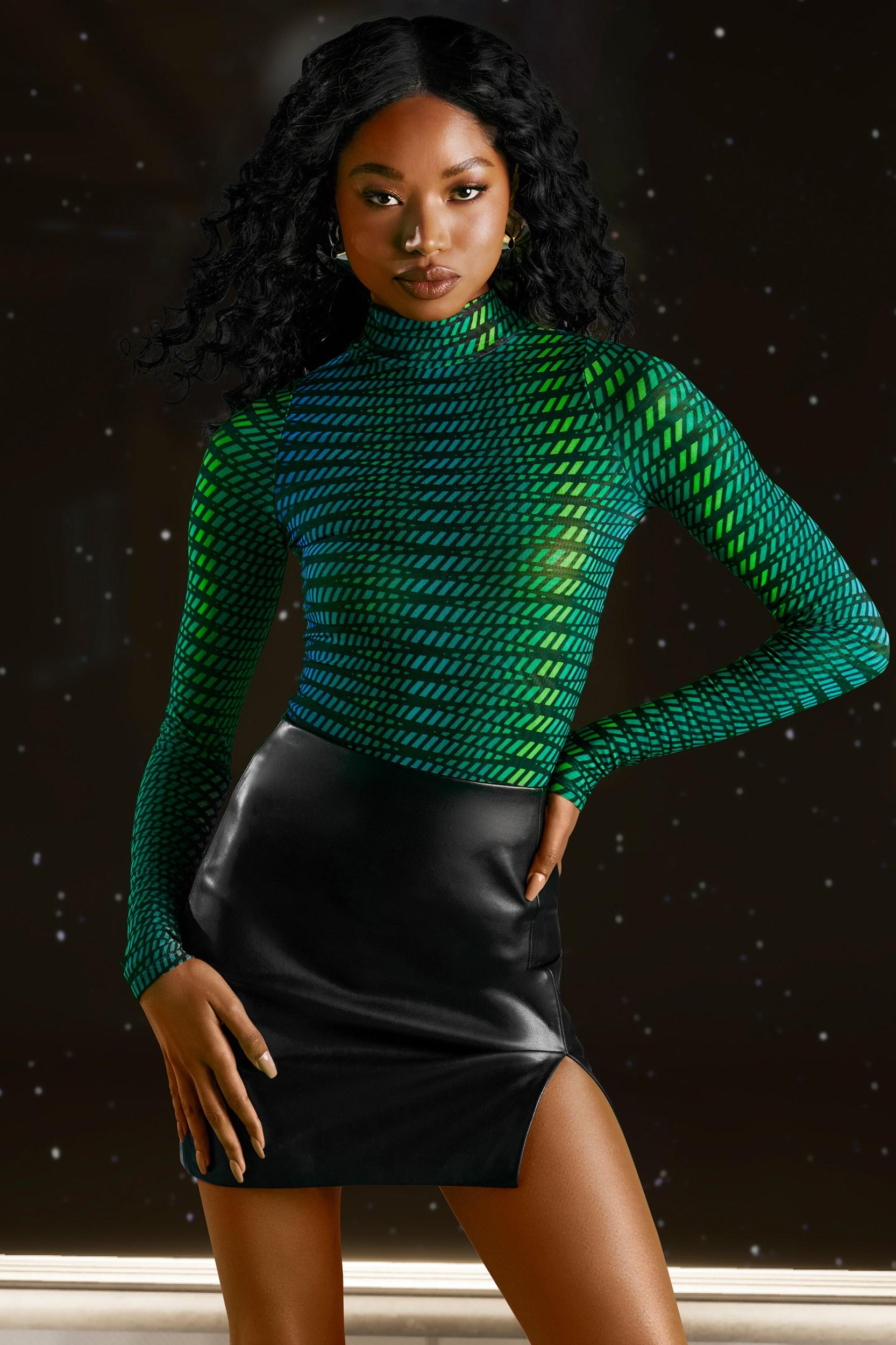 High Neck Mesh Bodysuit in Striped Print Product Image