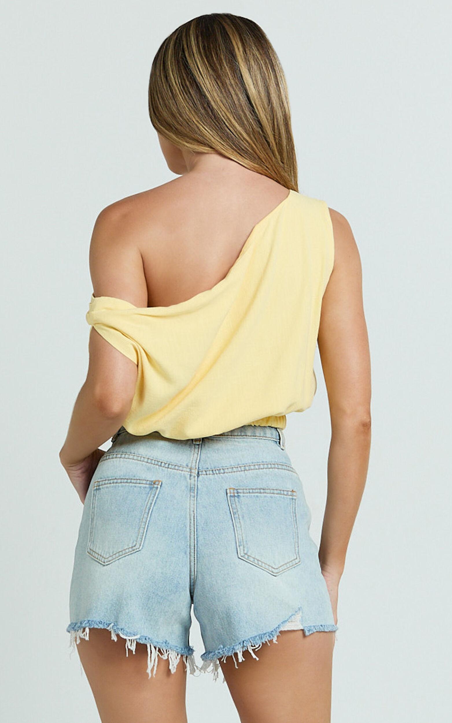 Collins Linen Blend Top - Draped Asymmetrical Neckline Top in Lemon Product Image