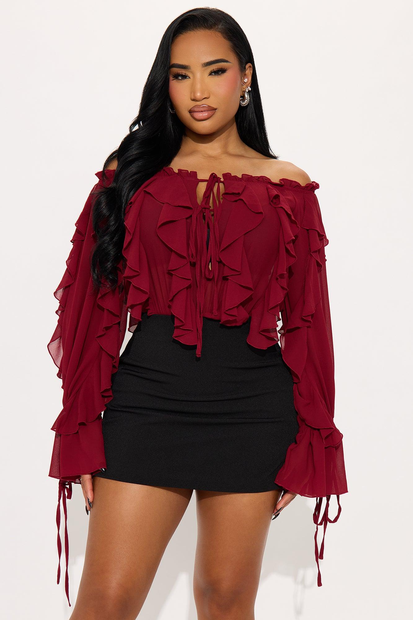 I'm Your Favorite Ruffle Chiffon Bodysuit - Burgundy Female Product Image