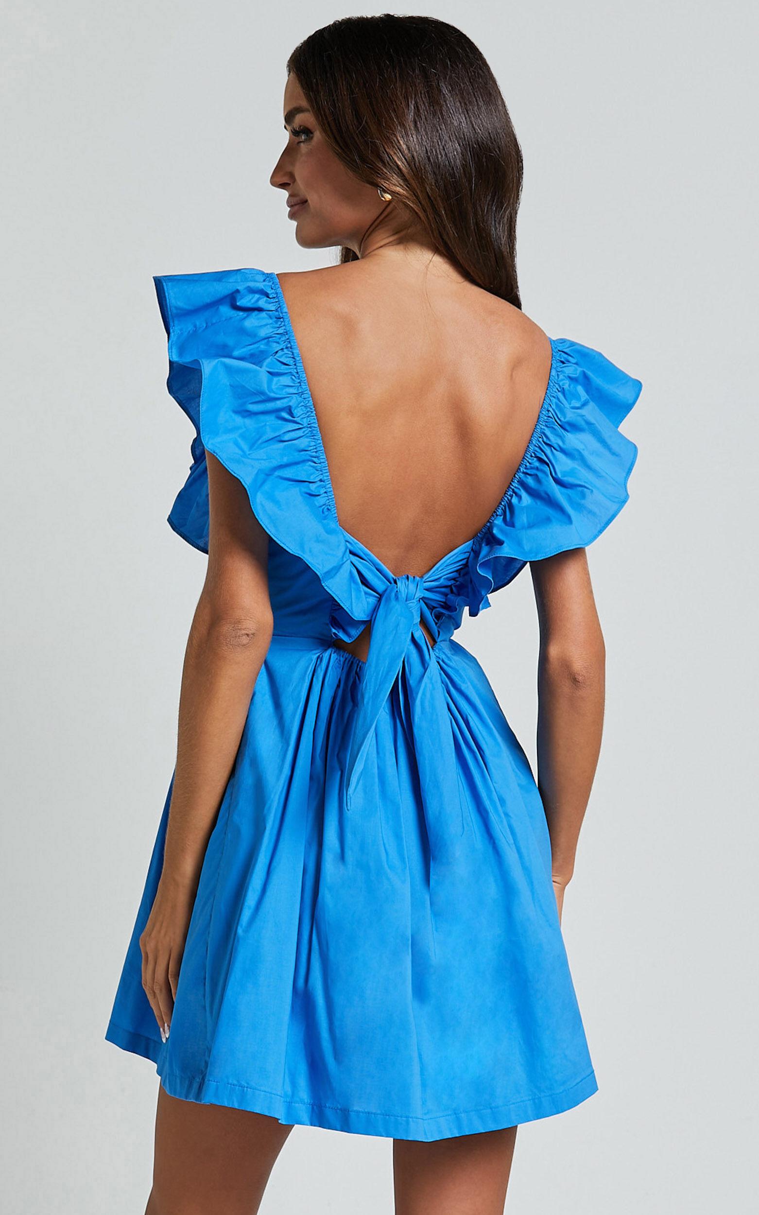 Raiza Mini Dress - Ruffle Sleeve Tie Back Plunge Dress in Blue Product Image
