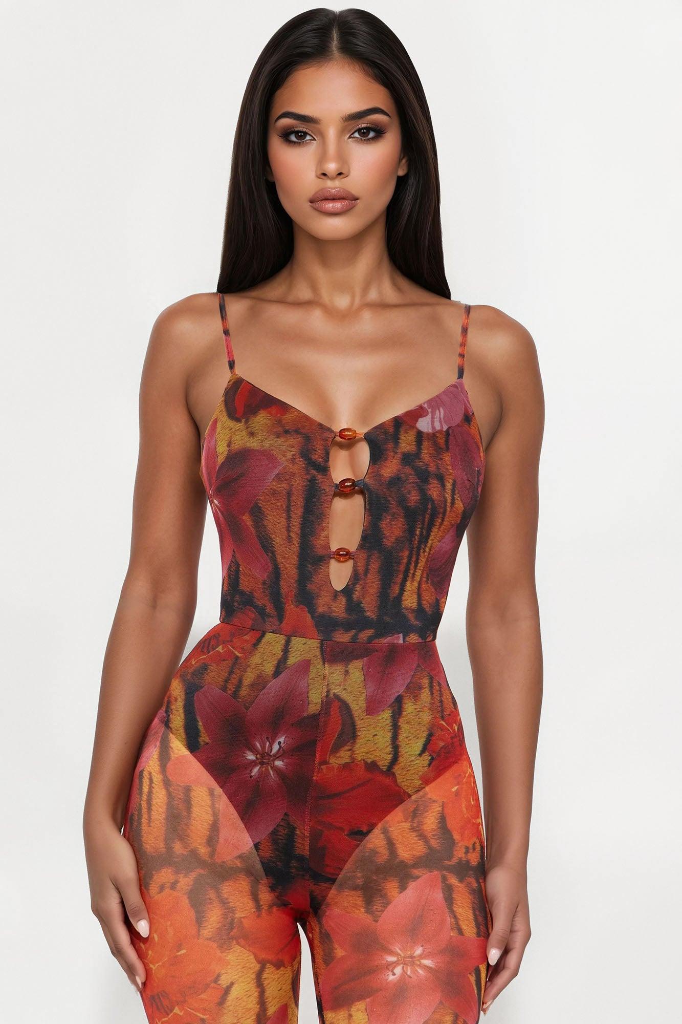 Petal Fantasy Mesh Flare Leg Jumpsuit - Rust/combo Female Product Image