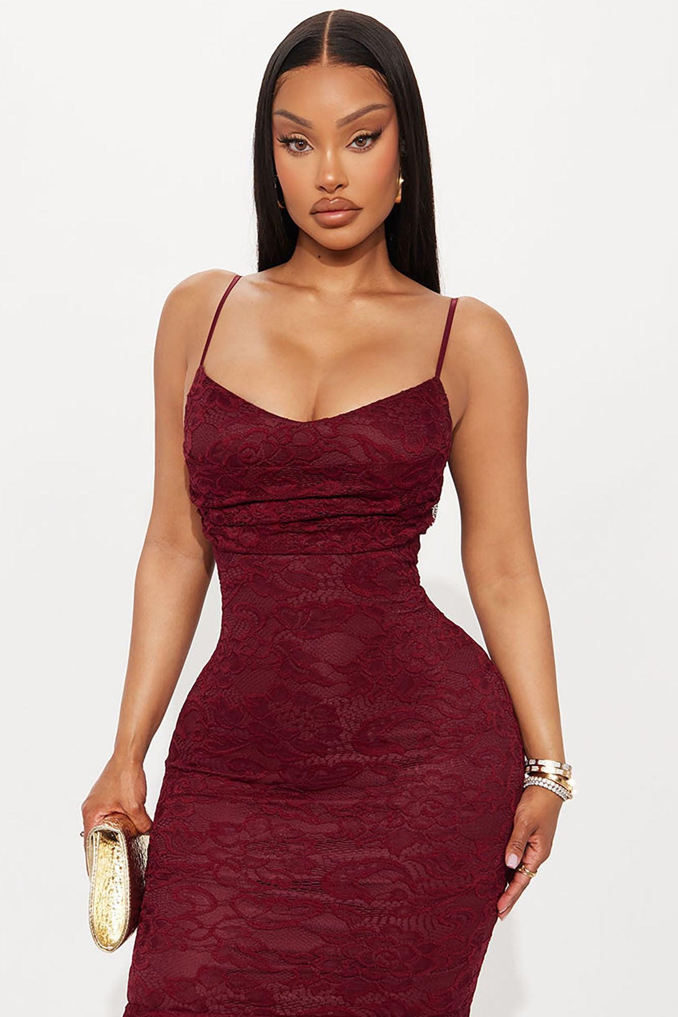 Elegant Lace Maxi Dress - Burgundy Female Product Image