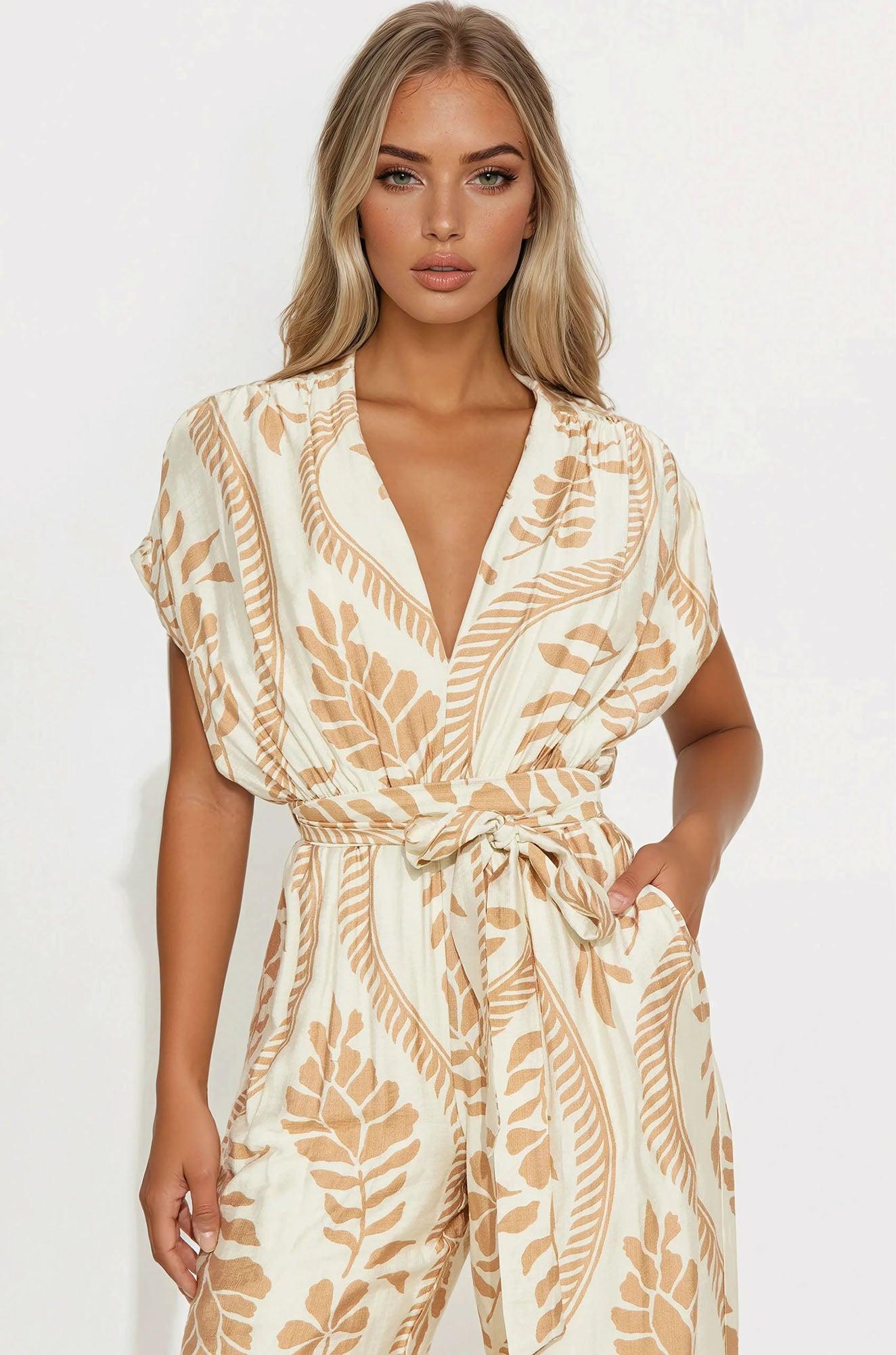 Tori Short Sleeve V-Neck Jumpsuit - Cream/combo Female Product Image