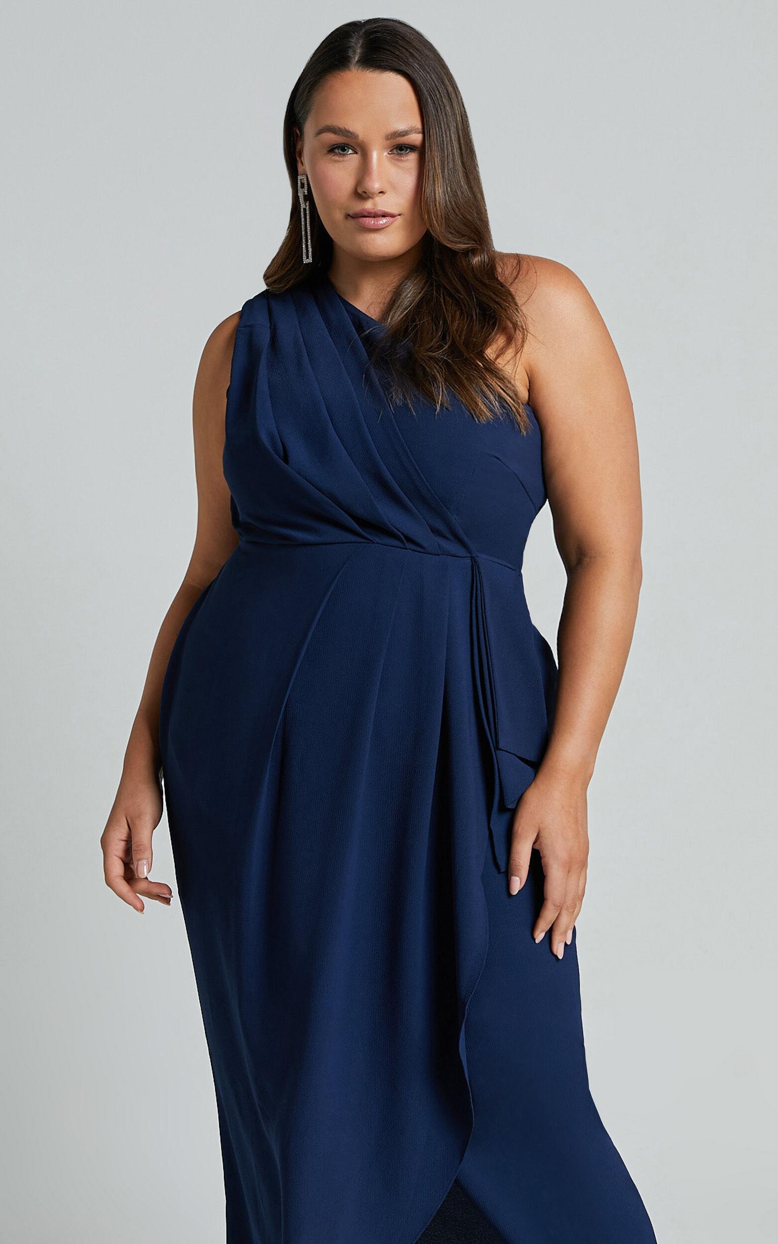 Namaari Midi Dress - Faux Wrap One Shoulder Dress in Navy Product Image