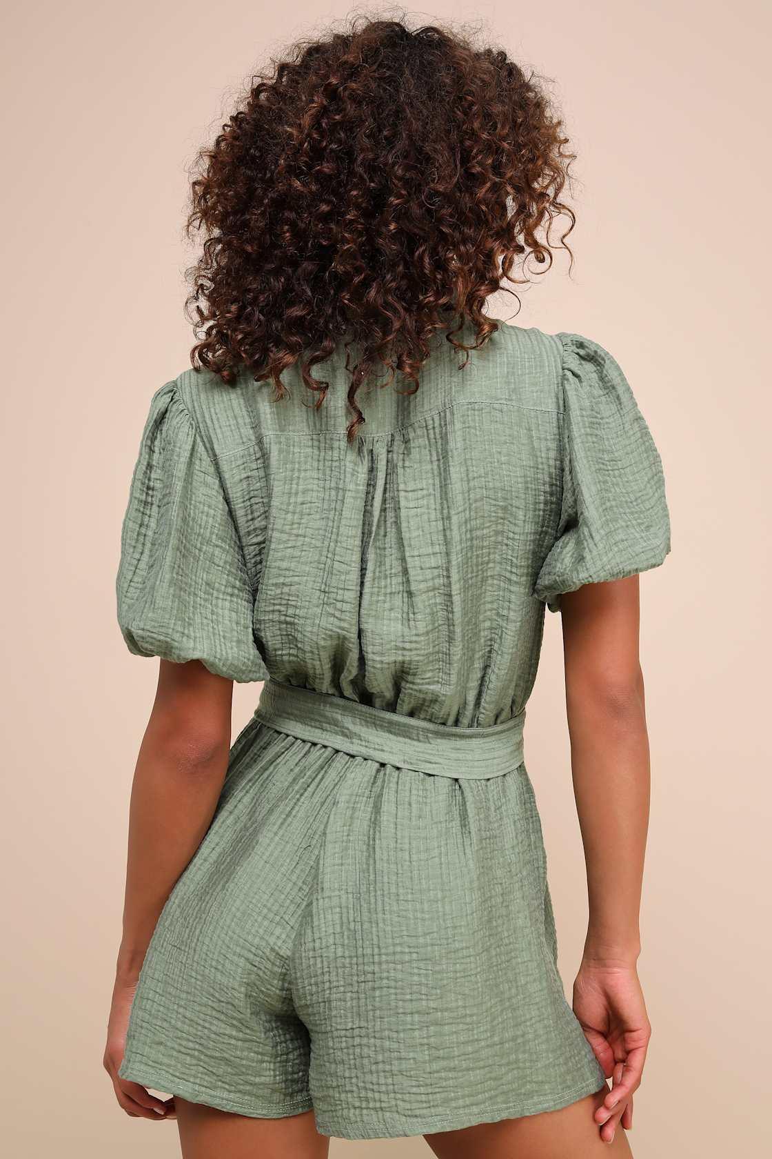 Instinctively Perfect Green Textured Belted Short Sleeve Romper Product Image