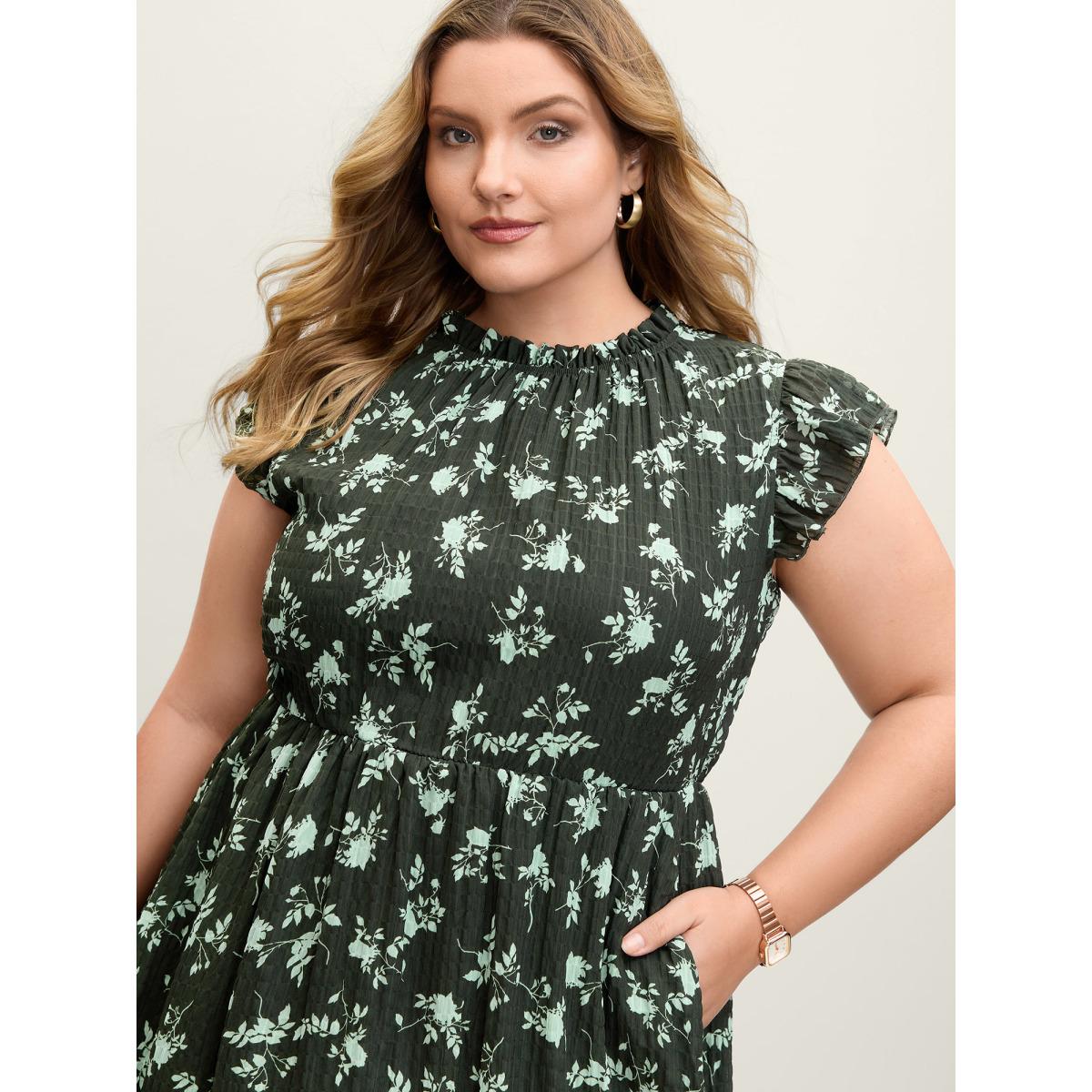Plus Size Textured Silhouette Flower Stretchy Collar Midi Dress DarkGreen Women Office Mock Neck Cap Sleeve Curvy BloomChic 10/M Product Image