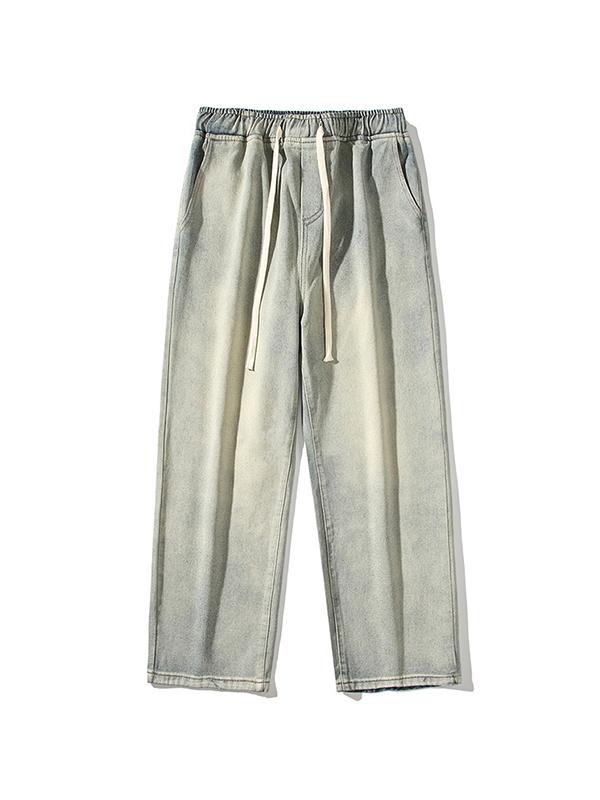 Men's Wash Elastic Waist Drawstring Loose Jeans Product Image
