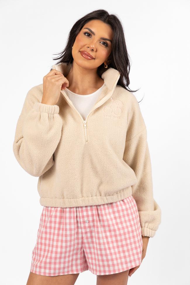 After Hours Mon Cheri Beige Embroidered Fleece Pullover FINAL SALE Product Image