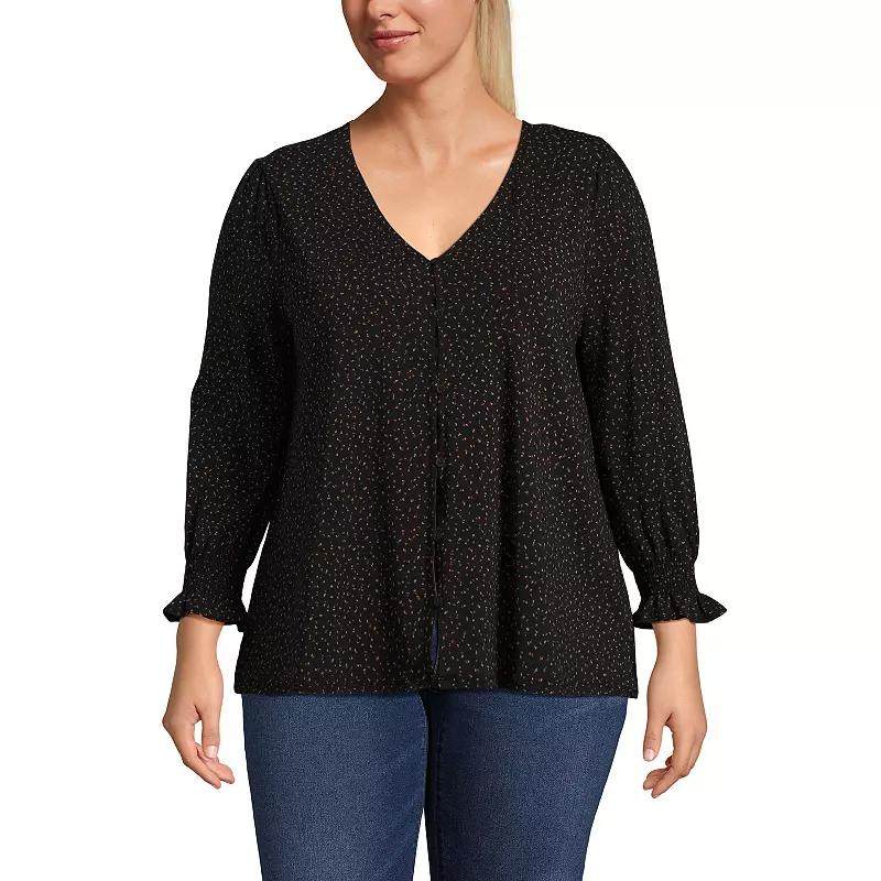 Plus Size Lands End 3/4 Sleeve Lightweight Jersey Button Front Top, Womens Product Image
