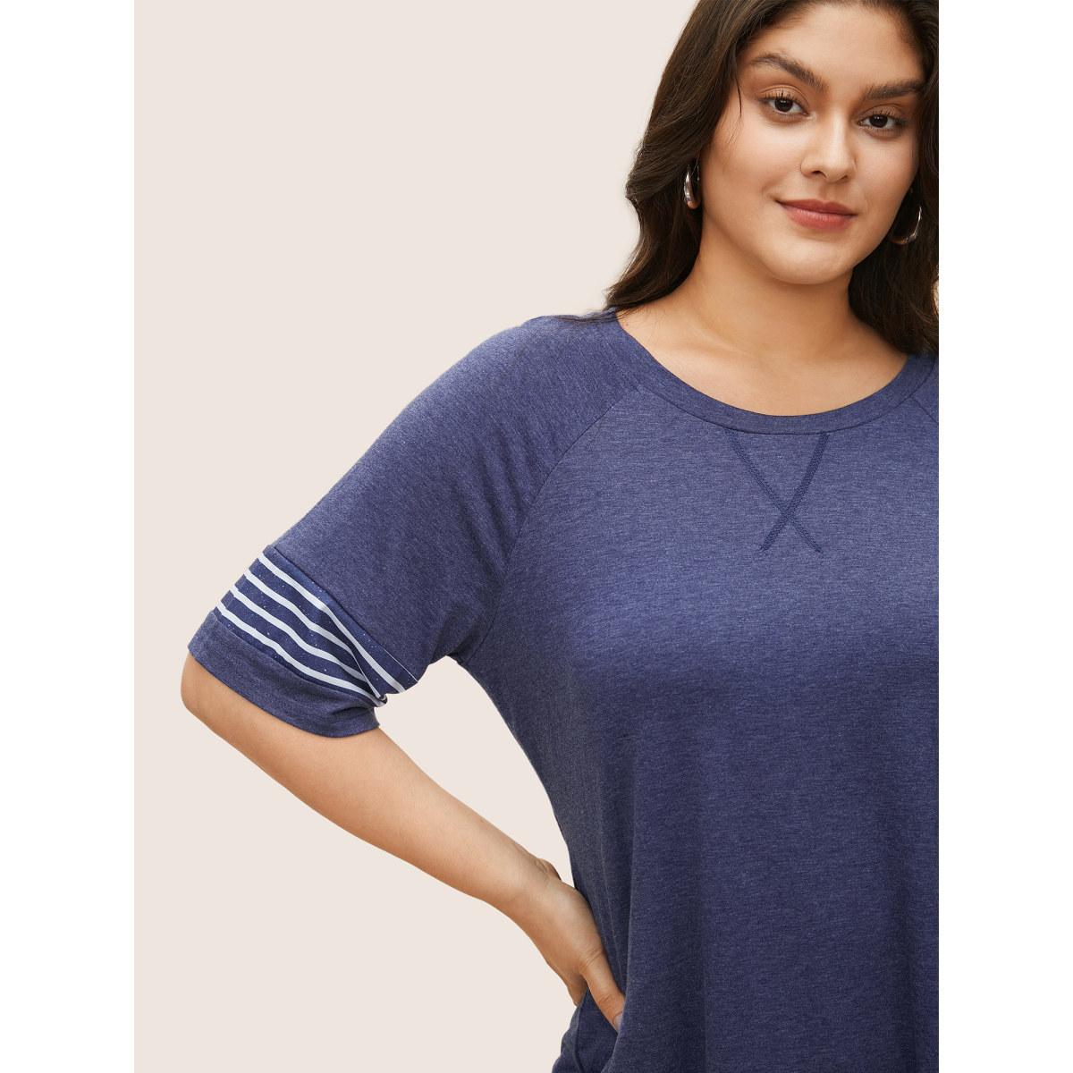 Plus Size Striped Contrast Raglan Sleeve Crew Neck T-shirt Indigo Women Casual Plain Everyday T-shirts BloomChic 14-16/1X Product Image