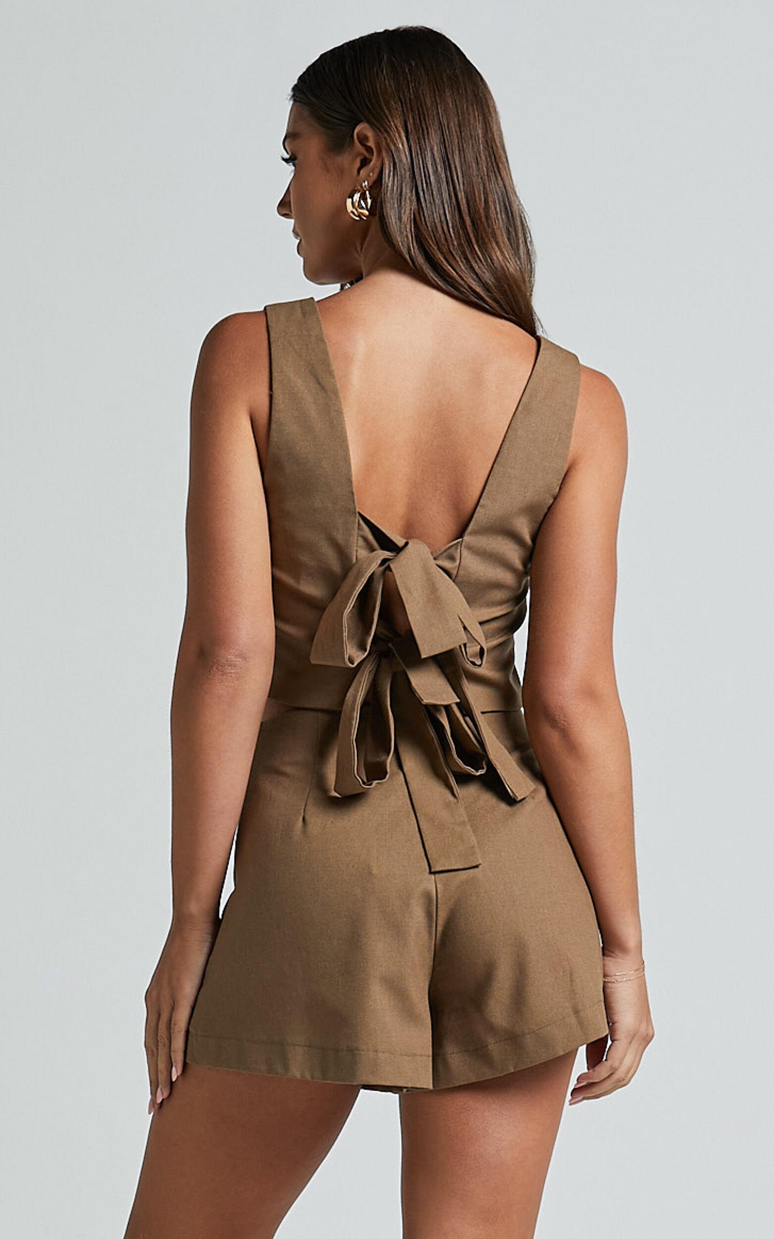 Salvador Two Piece Set - Linen Sleeveless Crop Top and High Waisted Tailored Shorts in Olive Product Image