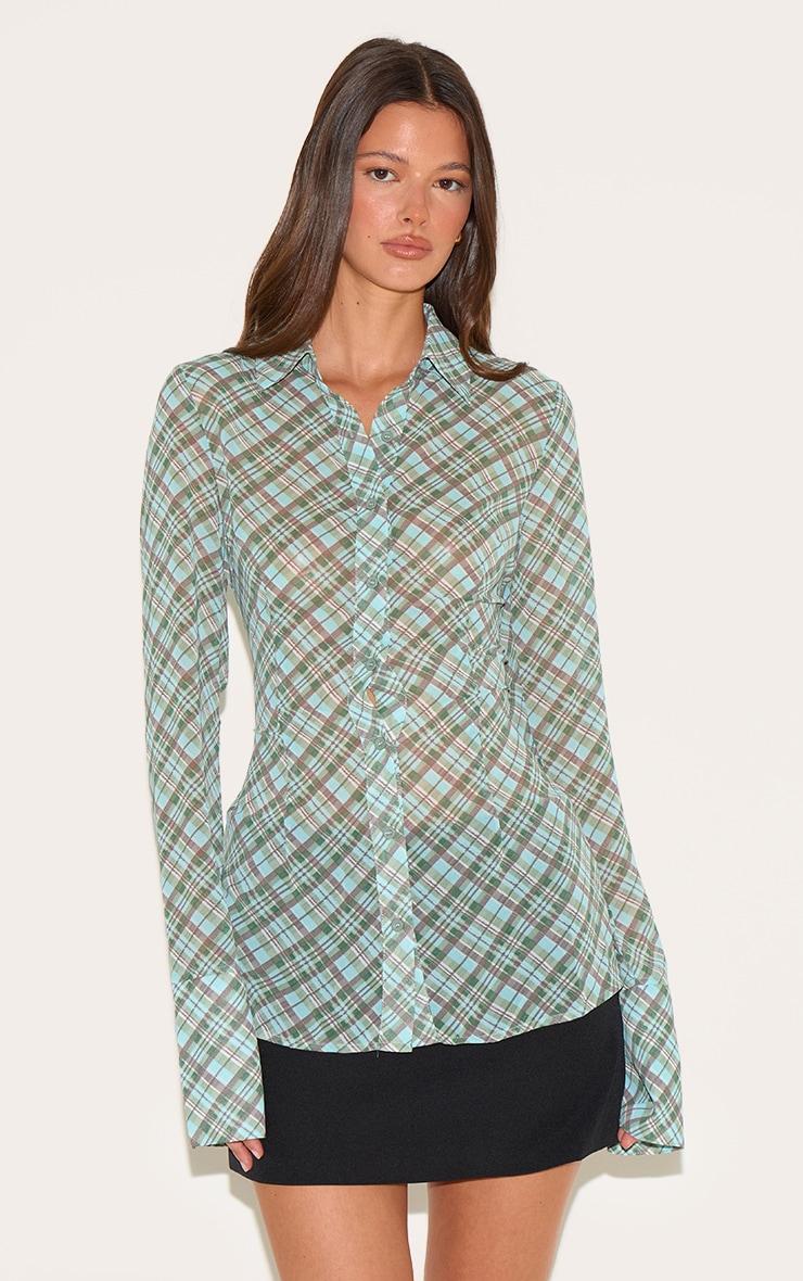 Green Check Sheer Fitted Shirt Product Image