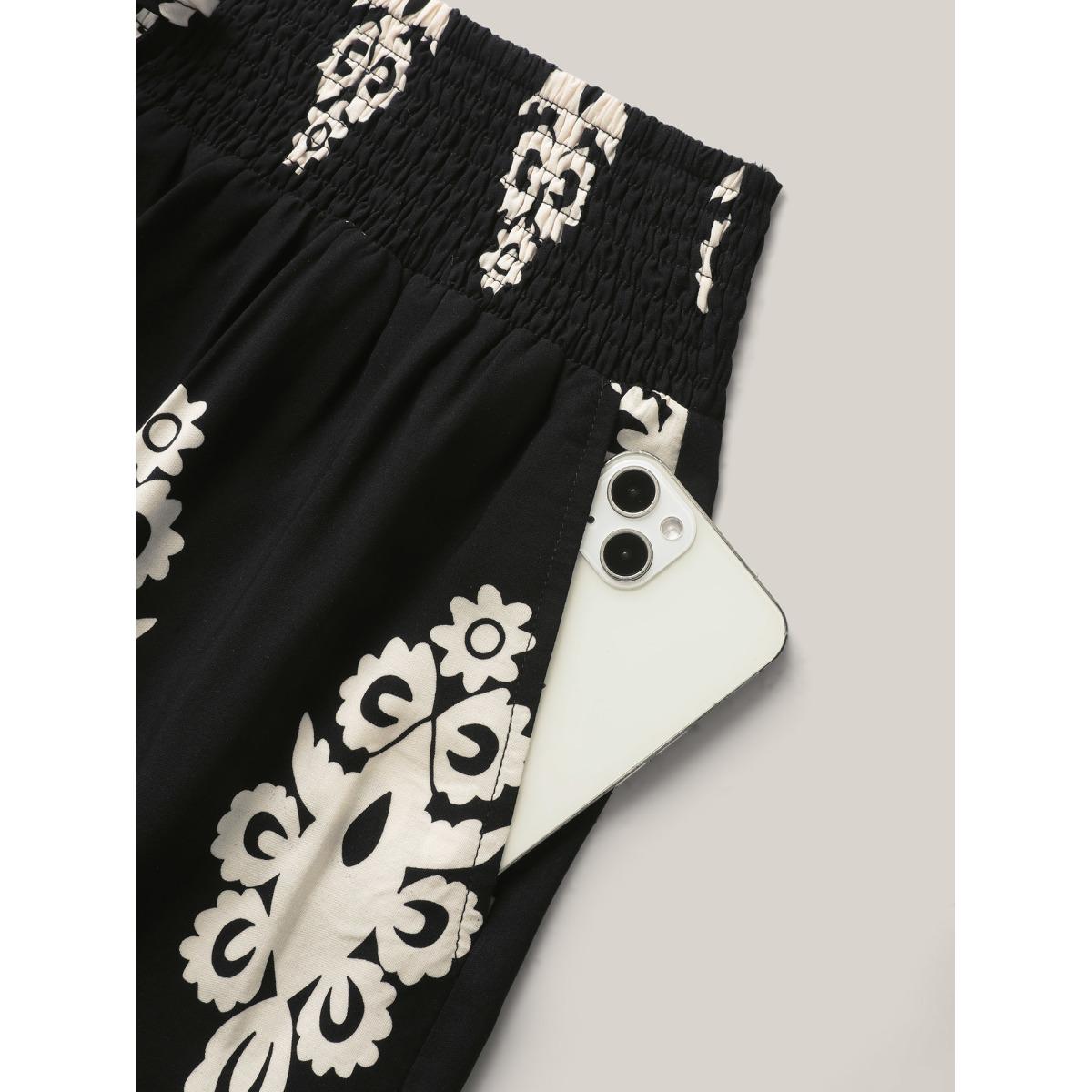 Plus Size Ornate Print Shirred Wide-Leg Pants Women Black Boho Wide Leg Mid Rise Vacation Pants BloomChic 28/5X Product Image