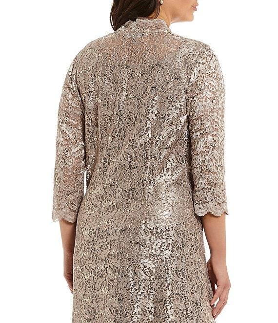 R & M Richards Plus Size Scoop Neck 3/4 Sleeve Scallop Glitter Lace Duster 3-Piece Pant Set Product Image