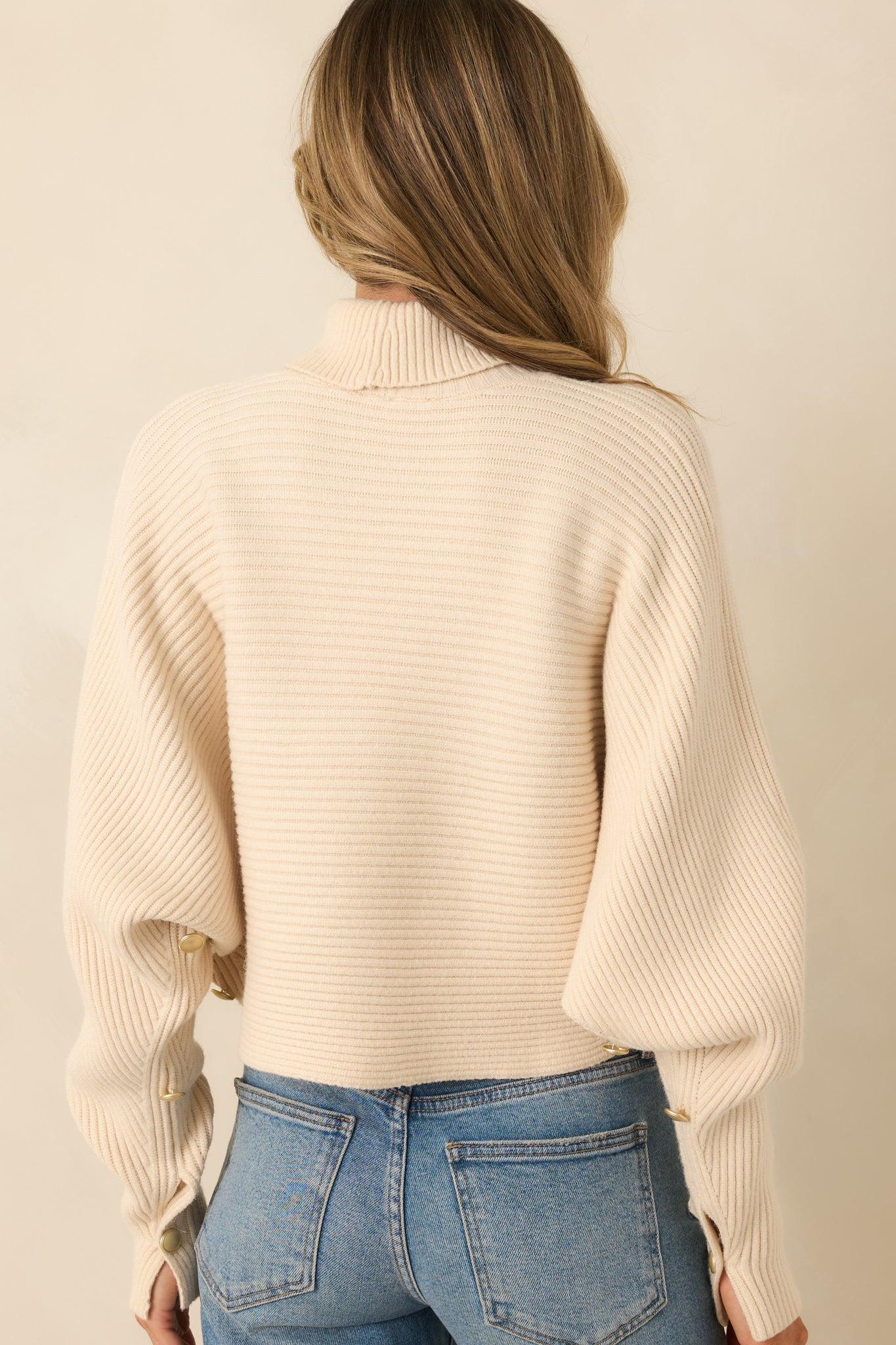Polished Path Beige Ribbed Batwing Cropped Turtleneck Sweater Product Image