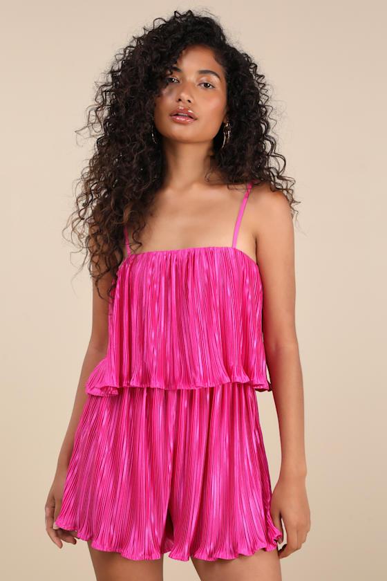 Fun Flirt Hot Pink Satin Plisse Sleeveless Romper Product Image