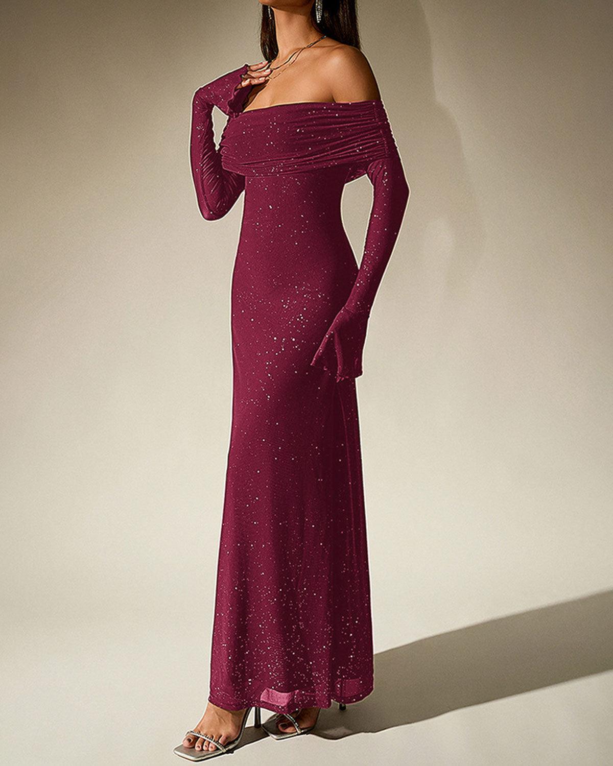 Wine Red Bell Sleeve Strapless Maxi Dress Product Image